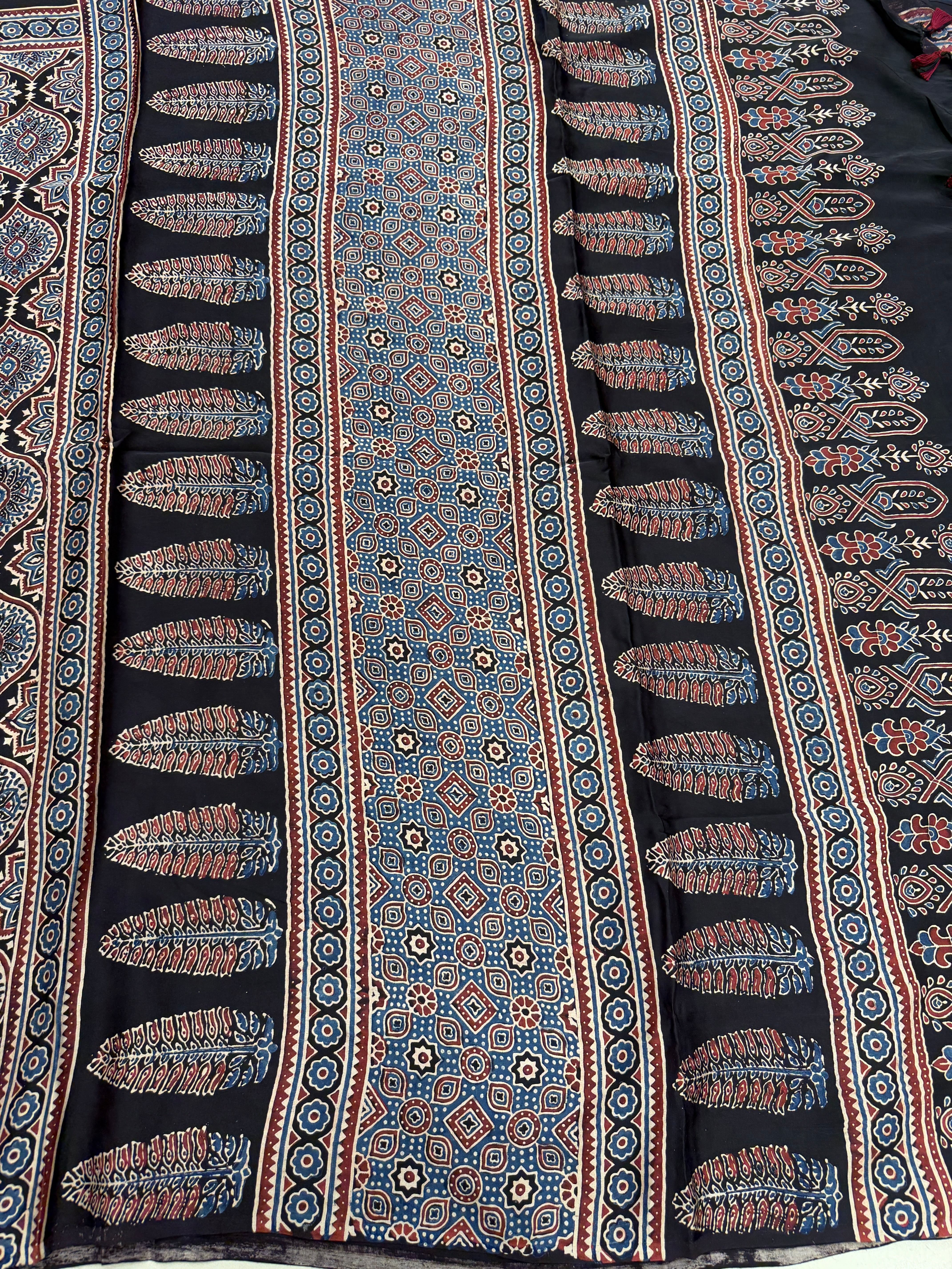 Black Badam Ajrakh Hand Block Print Pure Gajji Silk Saree