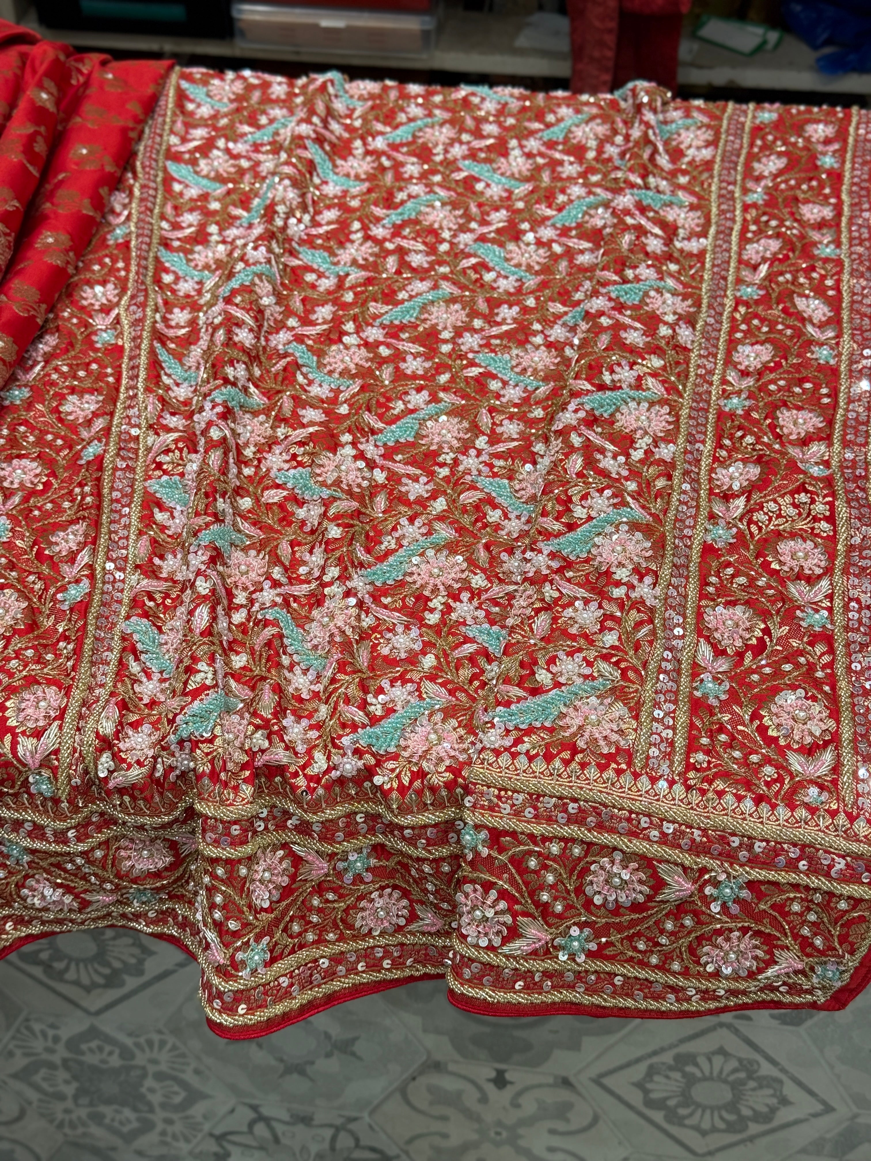 Red Banarasi Upside Down Border Fancy Hand Embroidery Saree