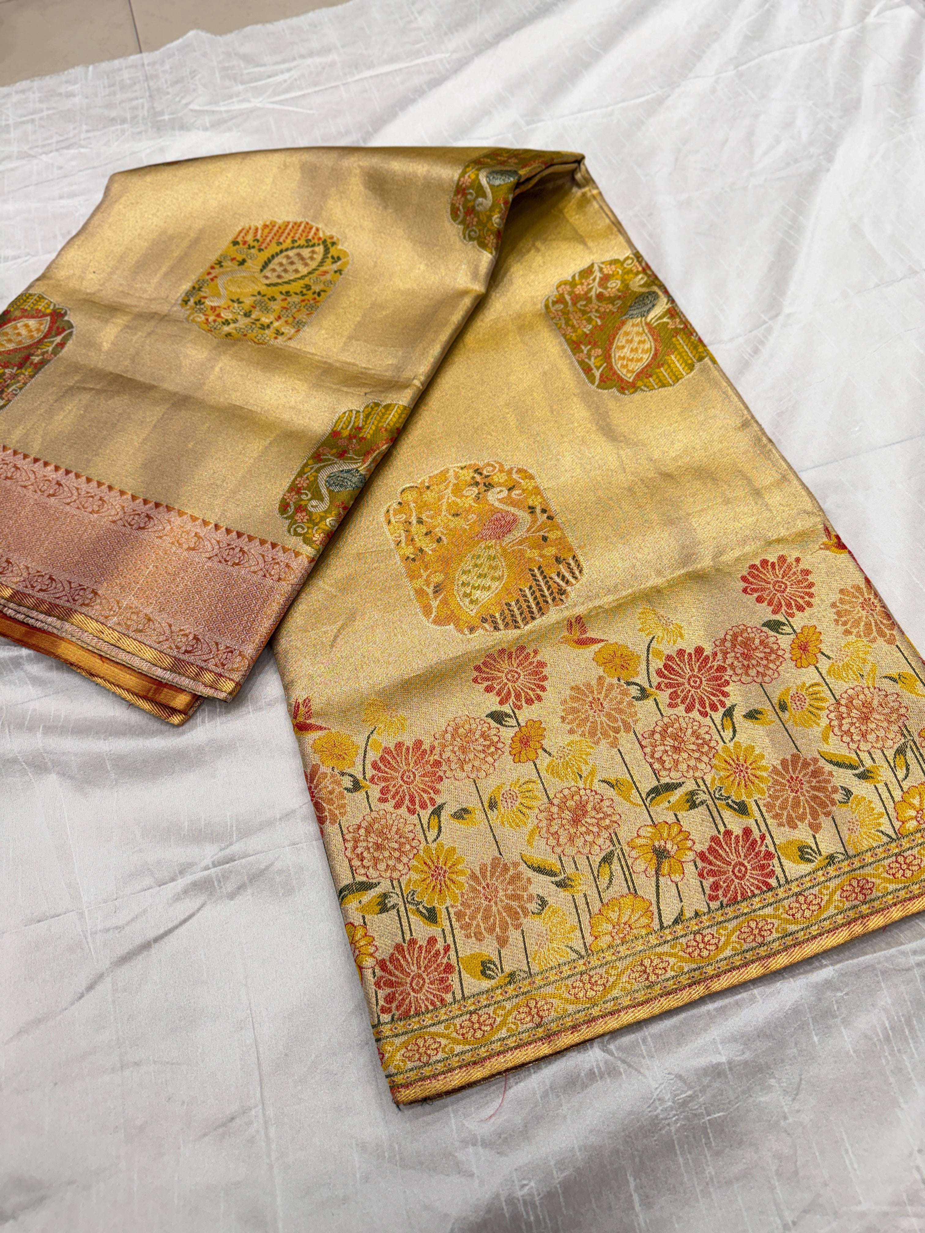 Rust Meenakari Peacock Motif Handloom Kanjivaram Tissue Silk Saree