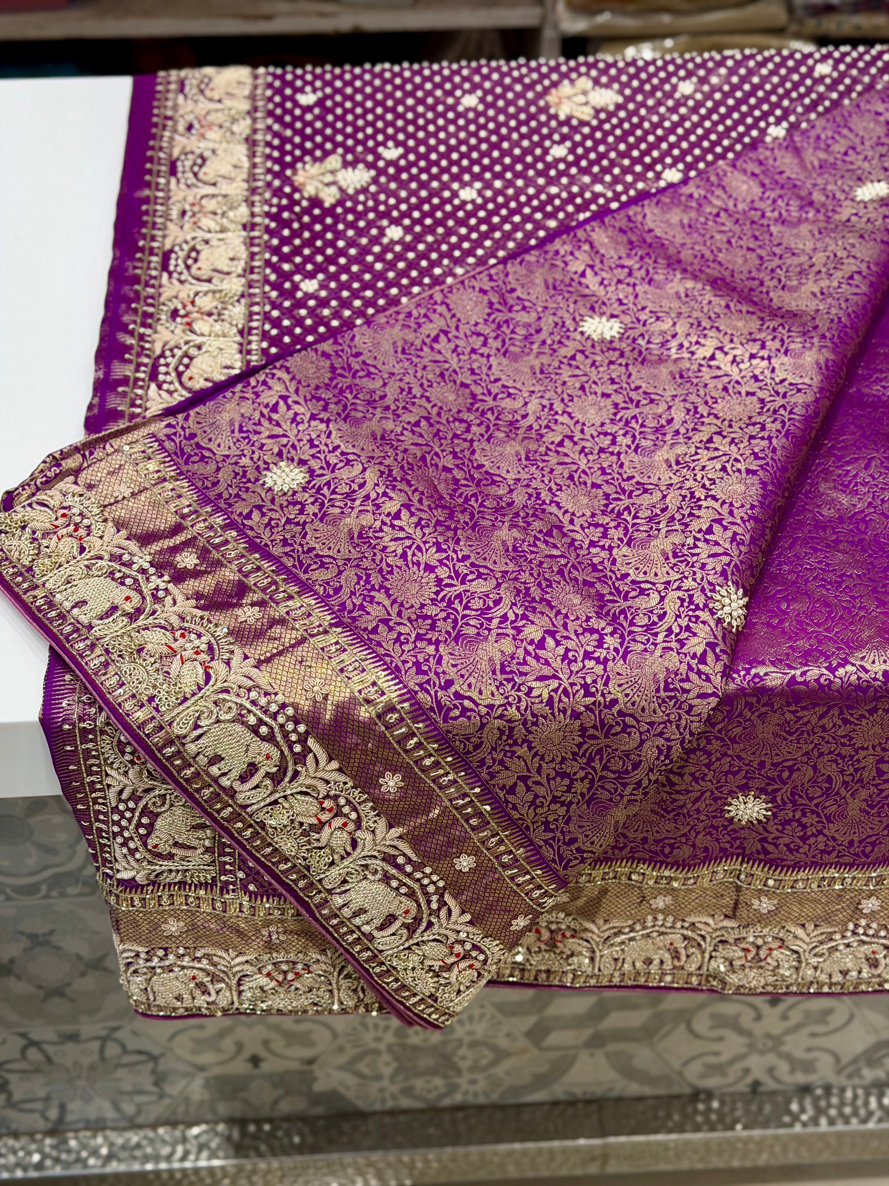 Violet Kanjivaram Elephant Motif Hand Embroidery Zardosi Saree