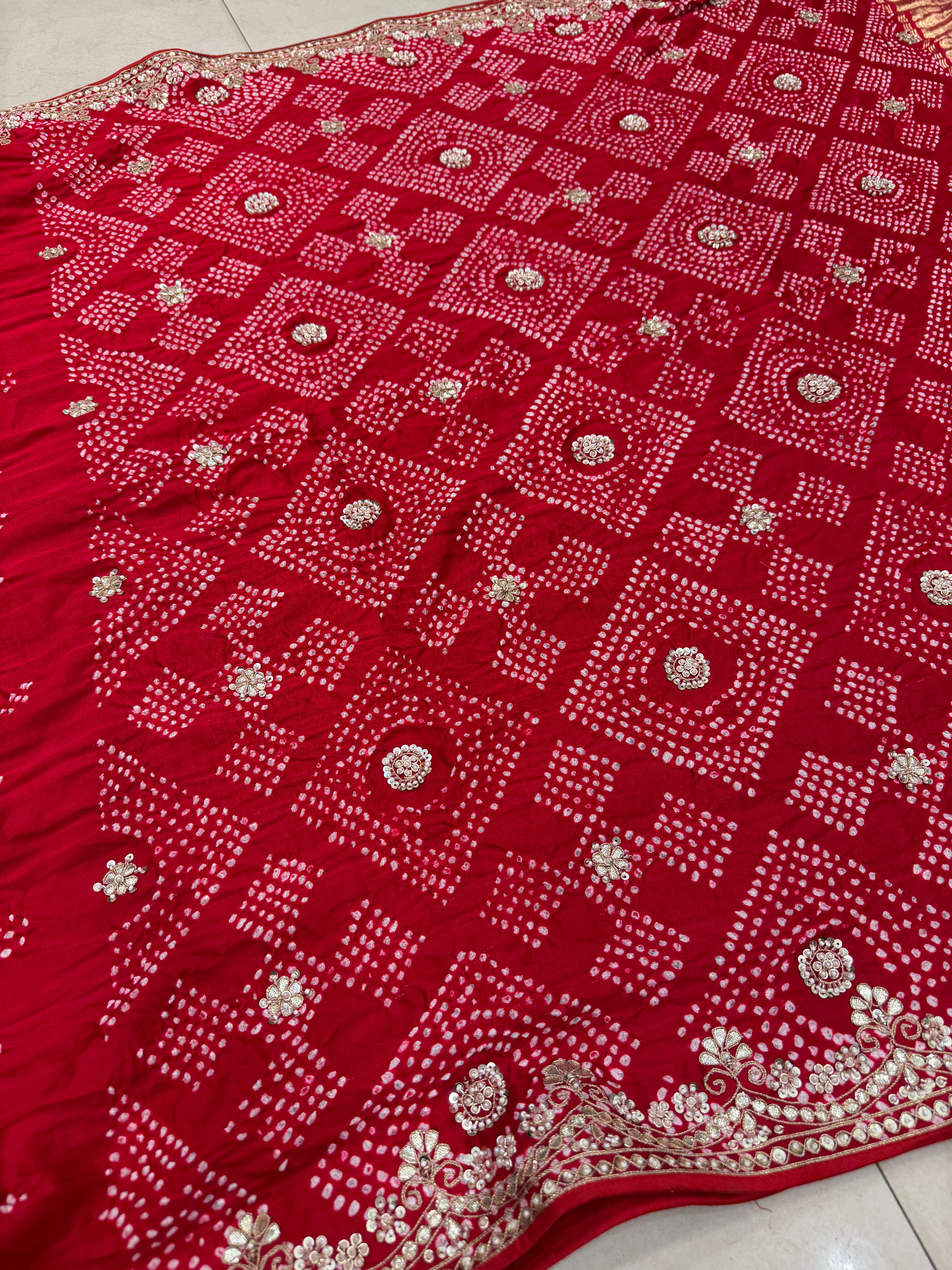 Red Gajji Silk Bandhej Hand Done Gotapatti Saree