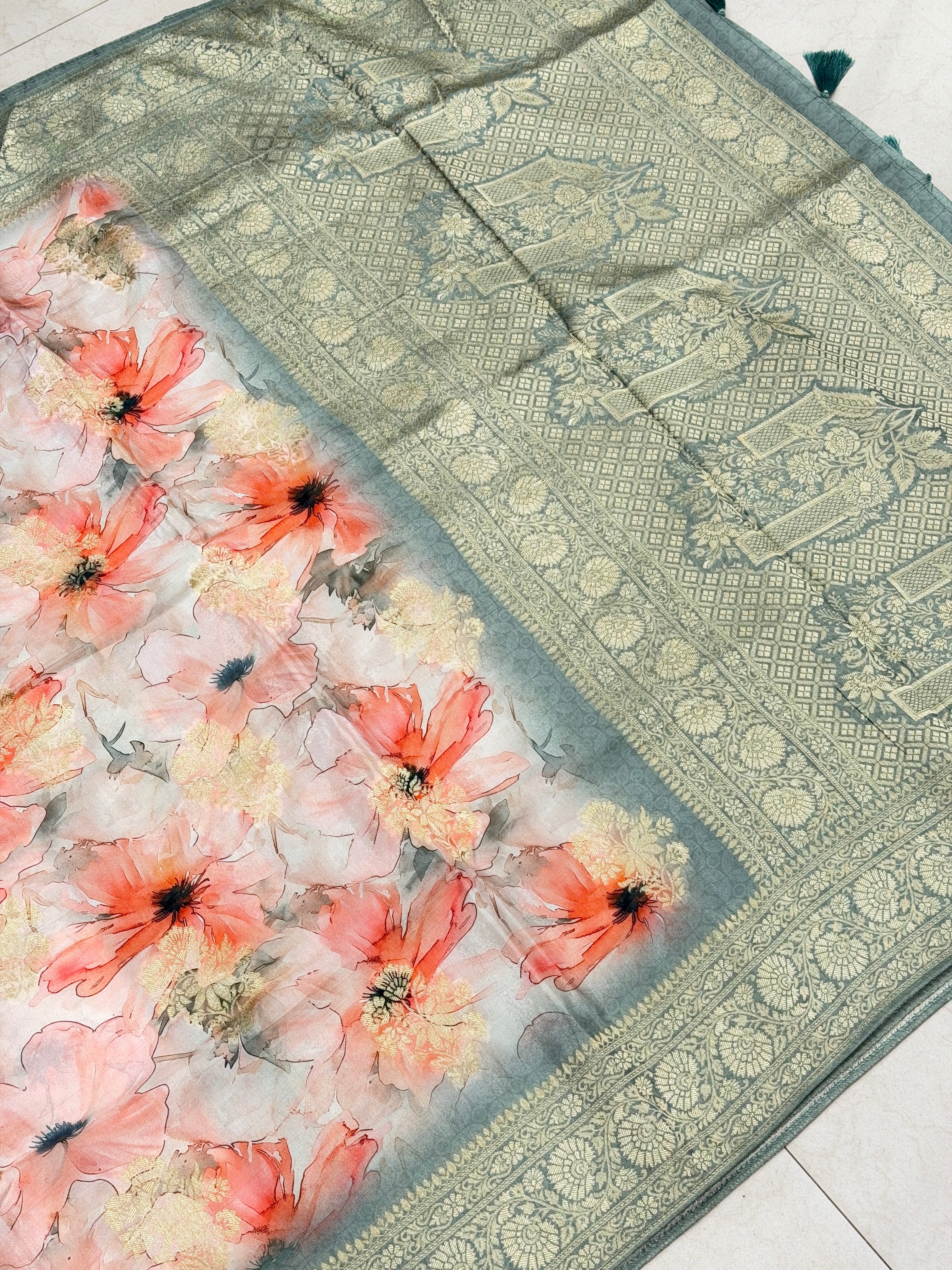 Soft Grey Floral Multi Colour Print Munga Soft Silk Saree