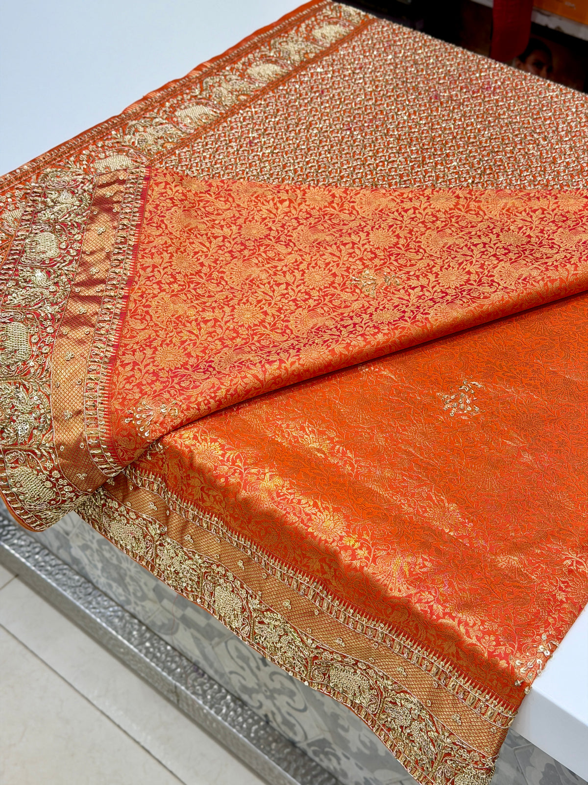 Rust Orange Kanjivaram Elephant Motifs Zardosi Hand Embroidery Saree