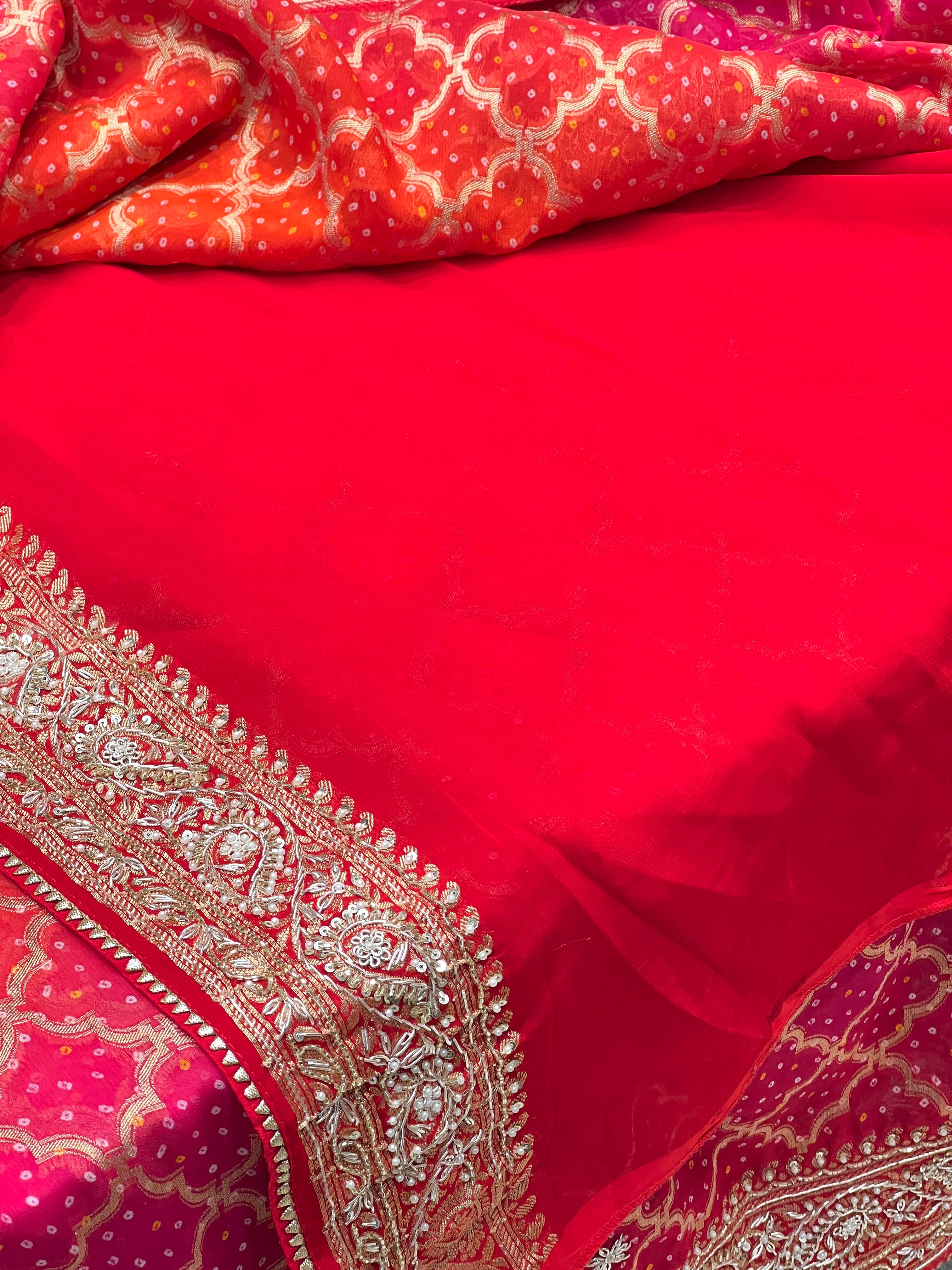 Shaded Pink Orange Bandhej Hand Embroidery Saree