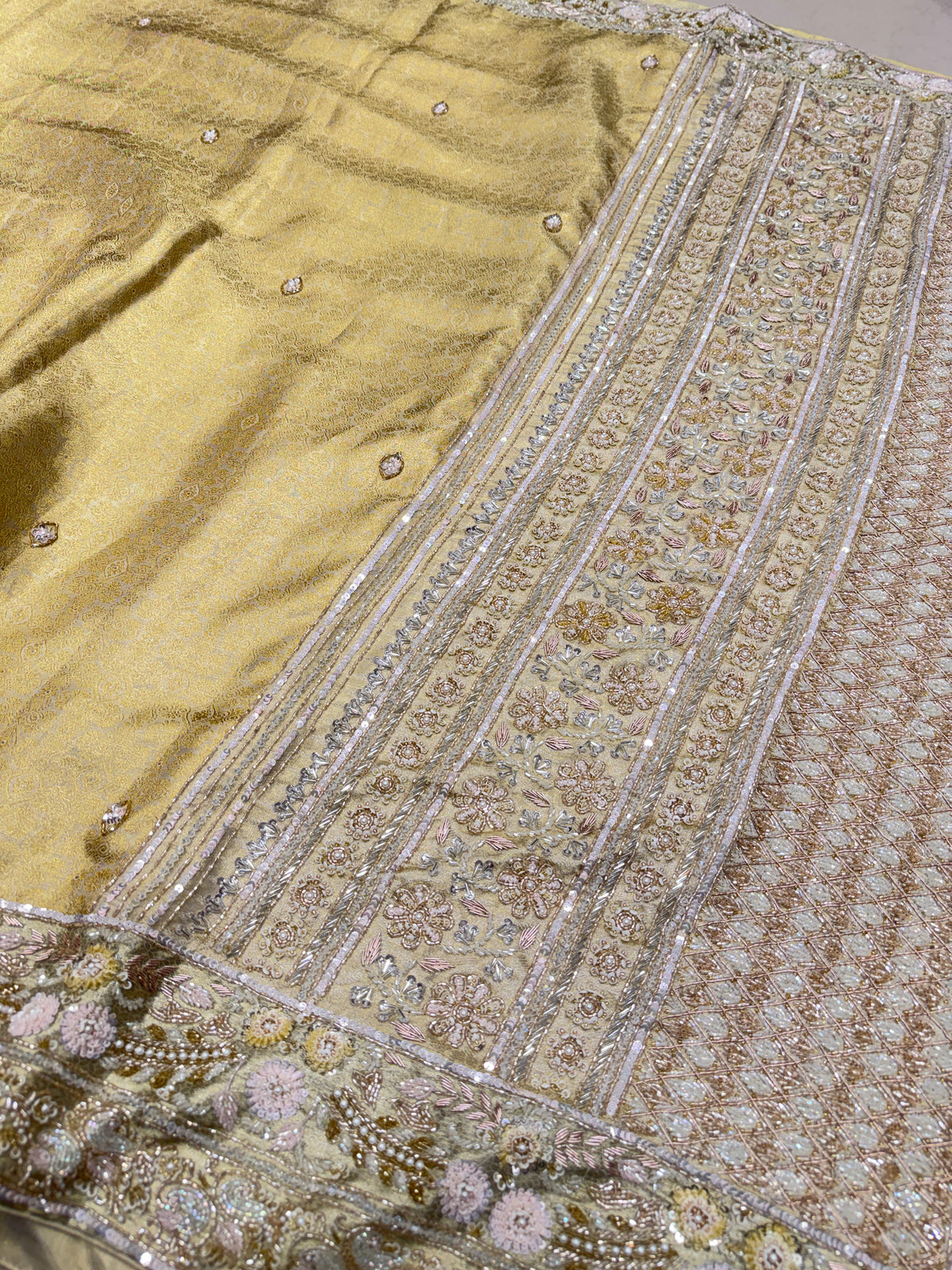 Golden Kanjivaram Moti Zardosi Hand Embroidery Saree