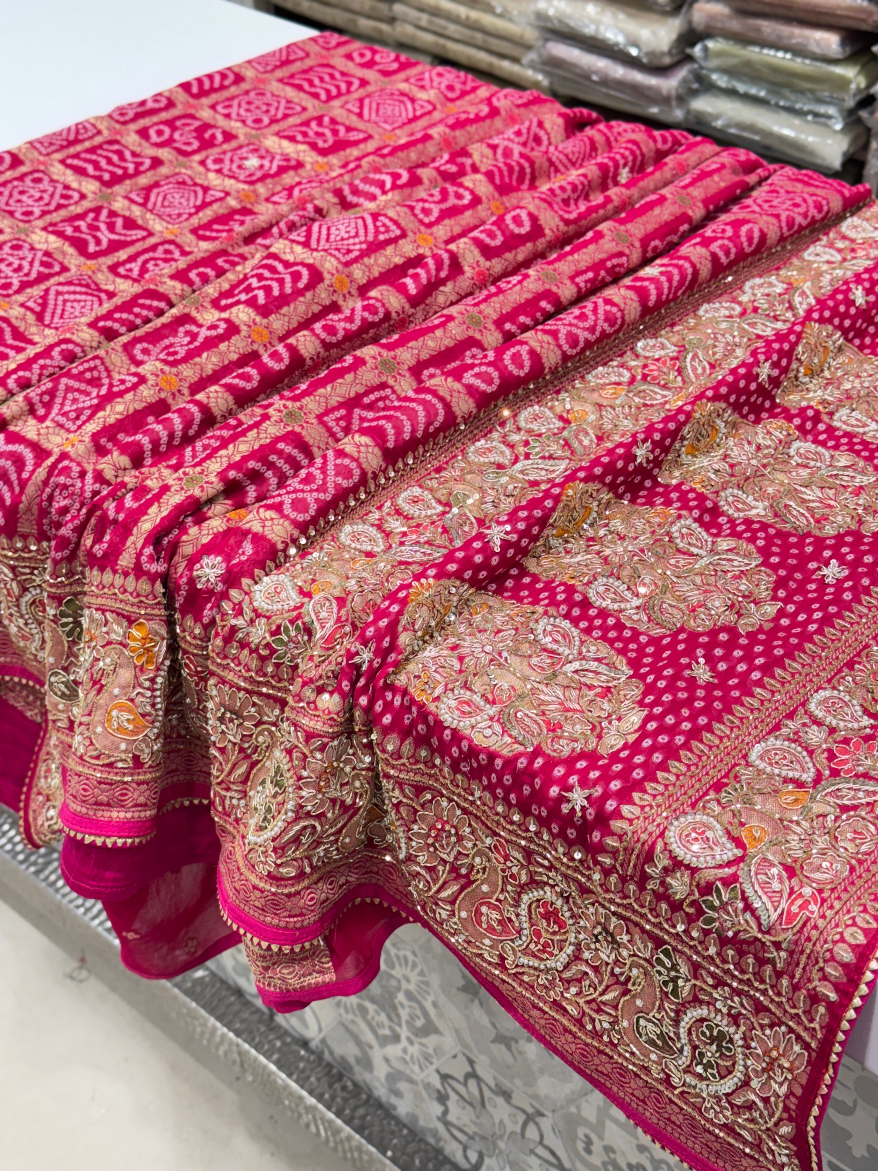 Rani Gharchola Weaved Bandhej Georgette Zardosi Hand Embroidery Saree