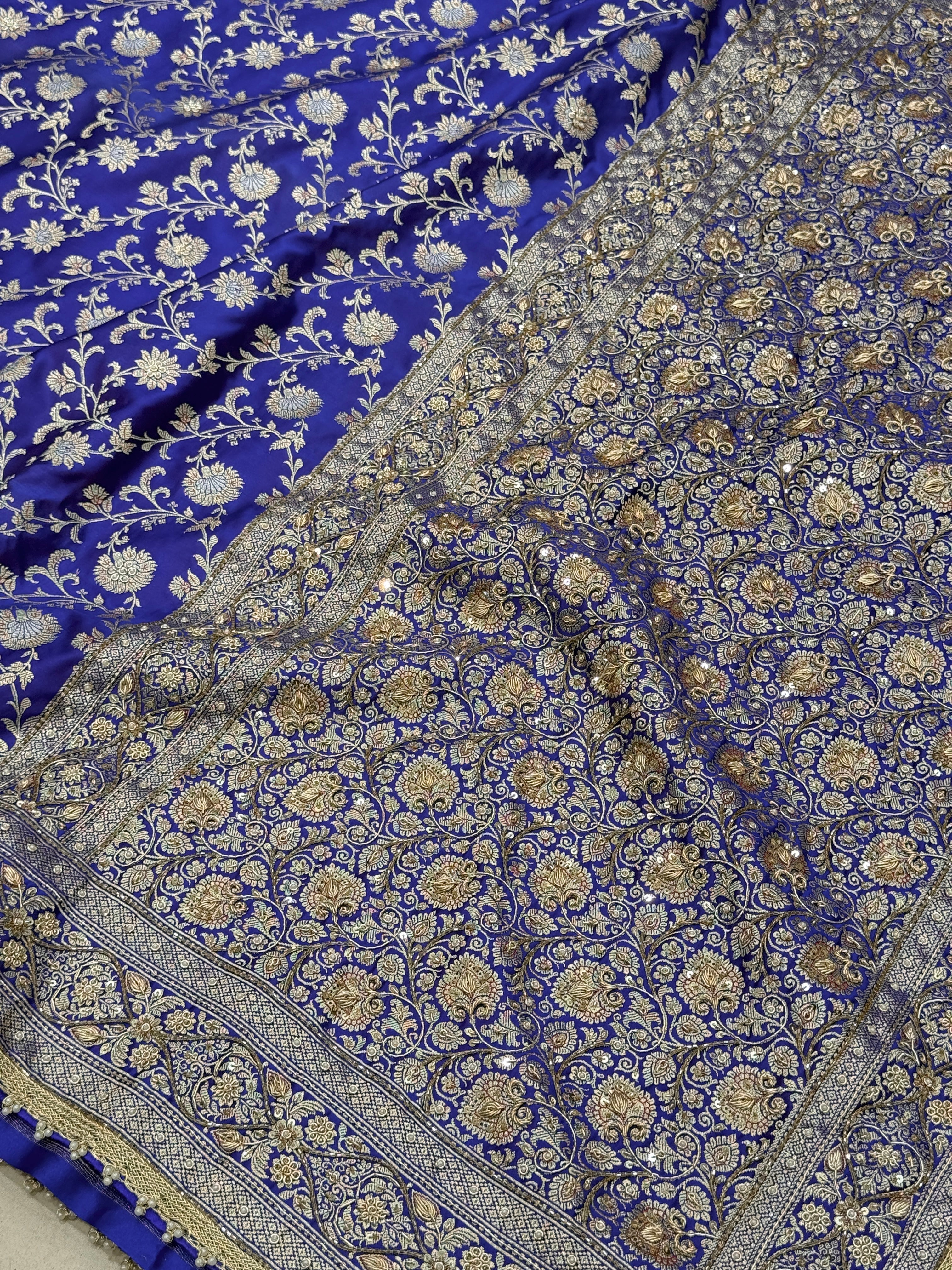 Blueish Purple Banarasi Silk Dhup Chav Hand Embroidery Zardosi Saree