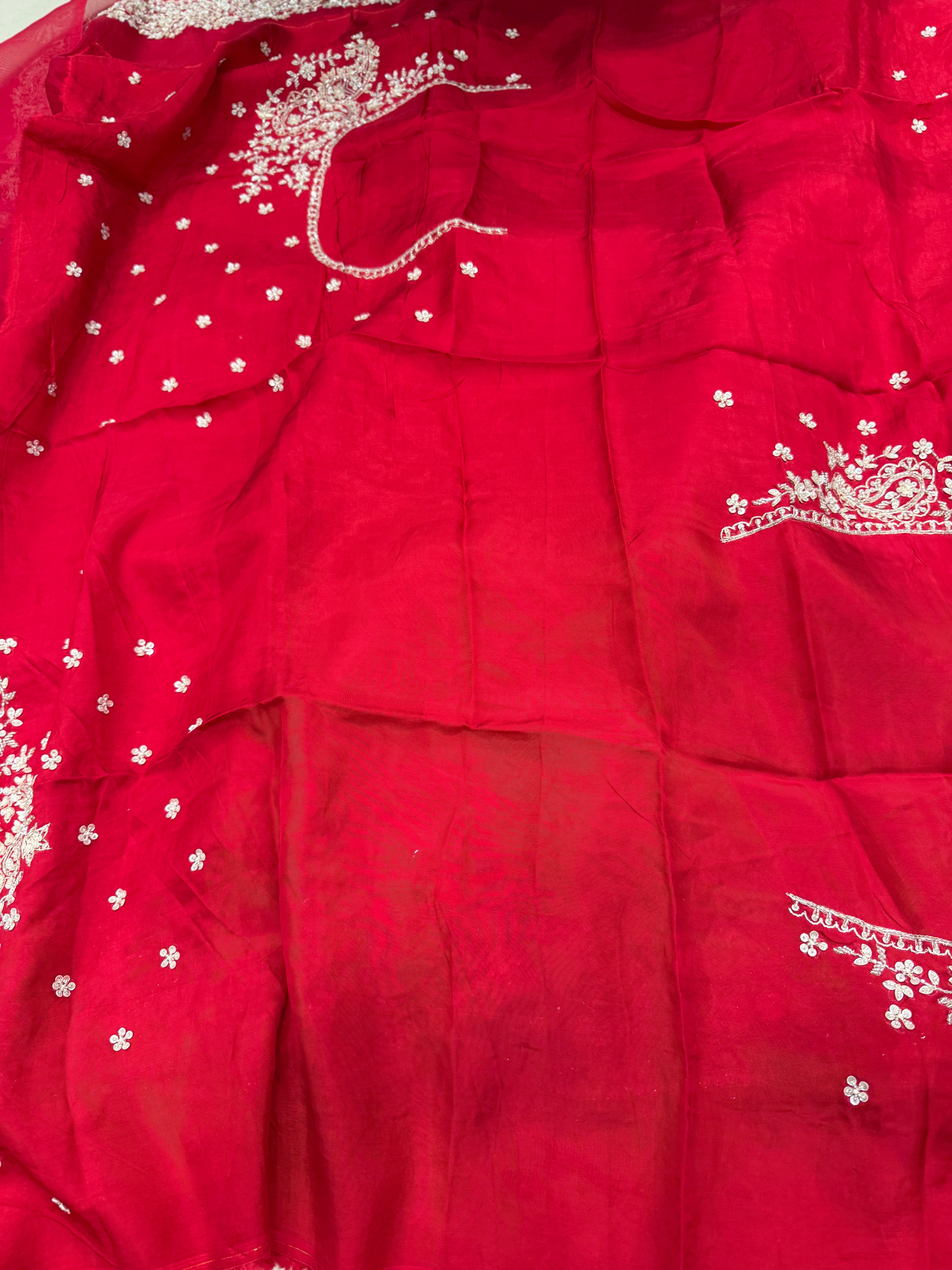 Red Organza Hand Embroidery Saree