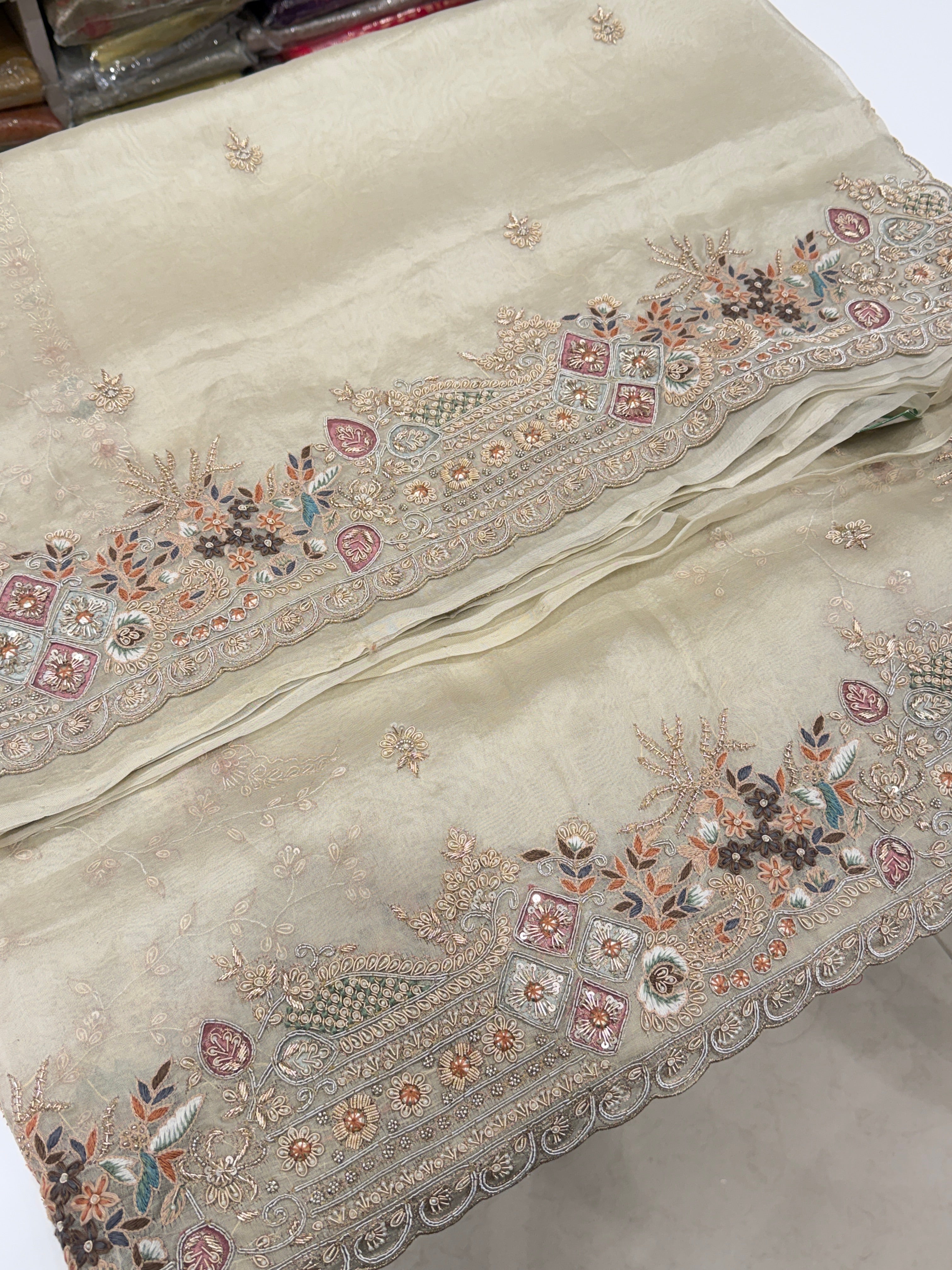 Moti White Organza Border Zardosi Resham Hand Embroidery Saree