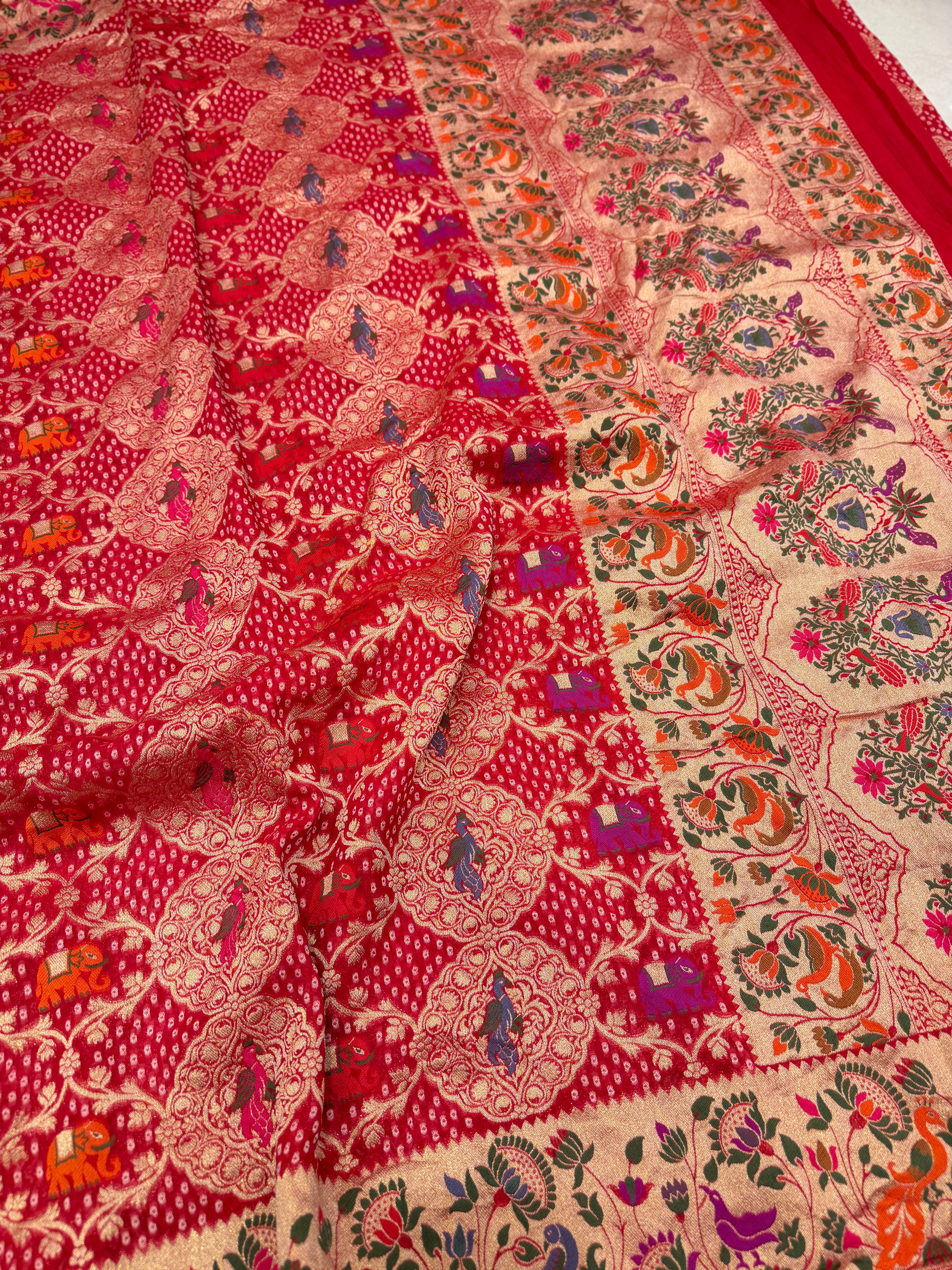 Red Woven Bandhej Meenakari Peacock Parrot Motif Saree