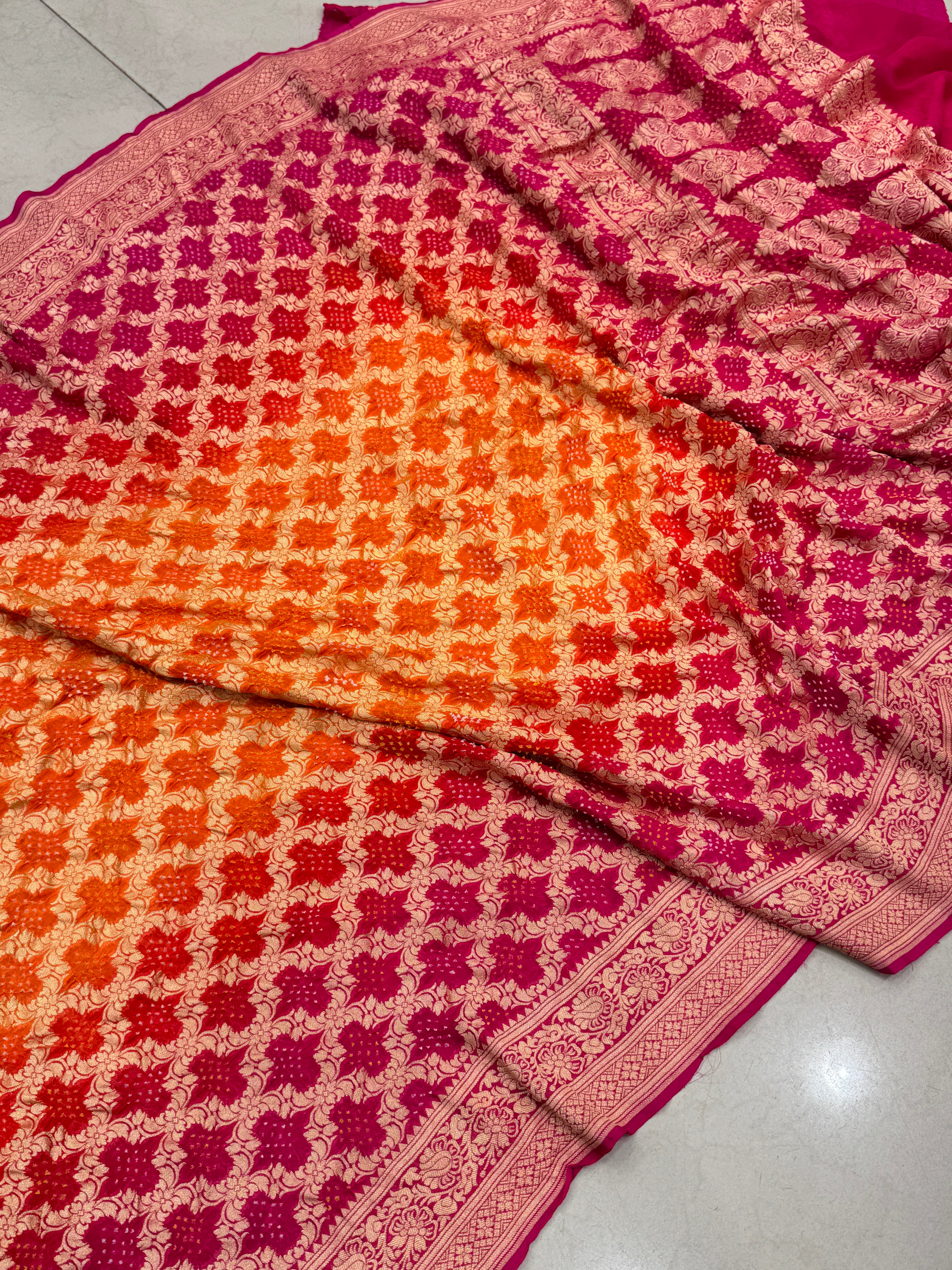 Orange Rani Shaded Bandhej Bandhini Saree