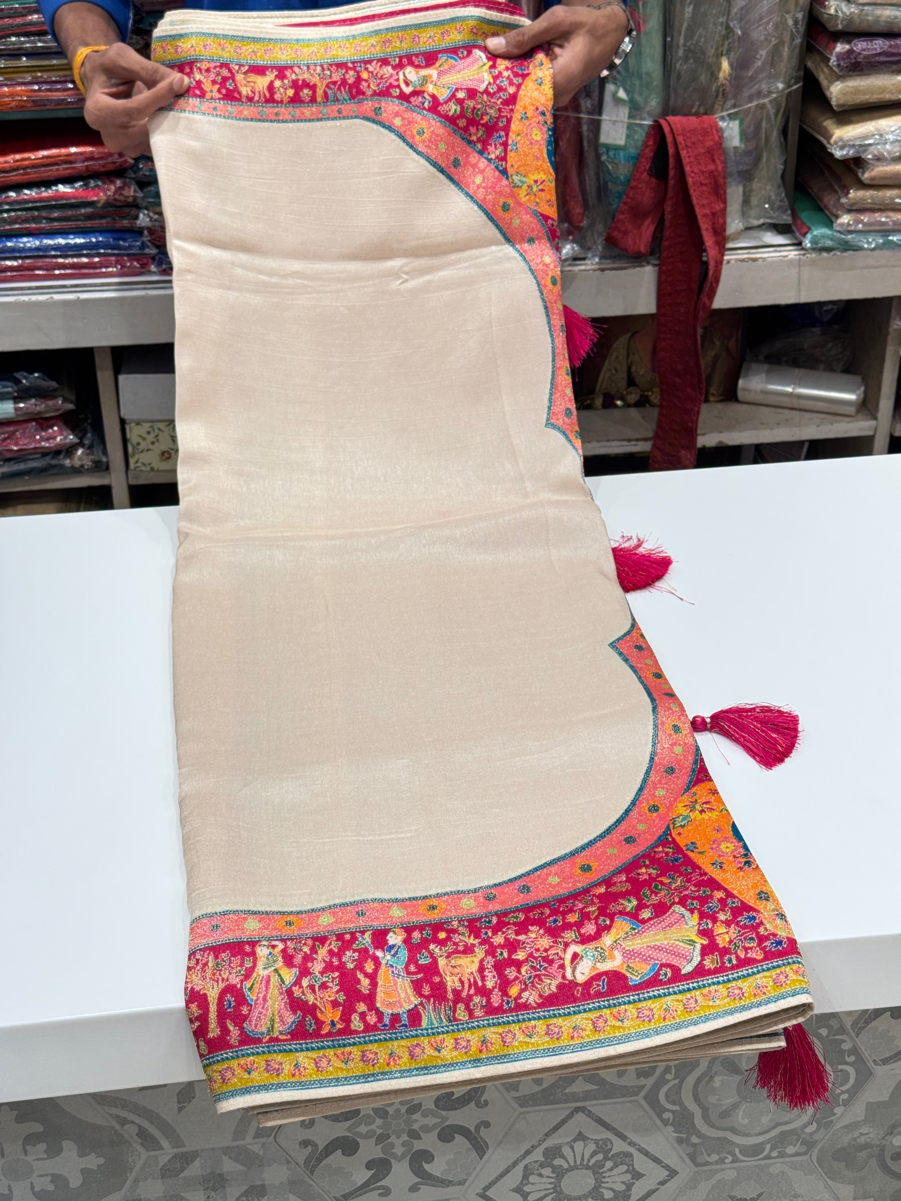 Beige Pashmina Gala Style Silk Saree