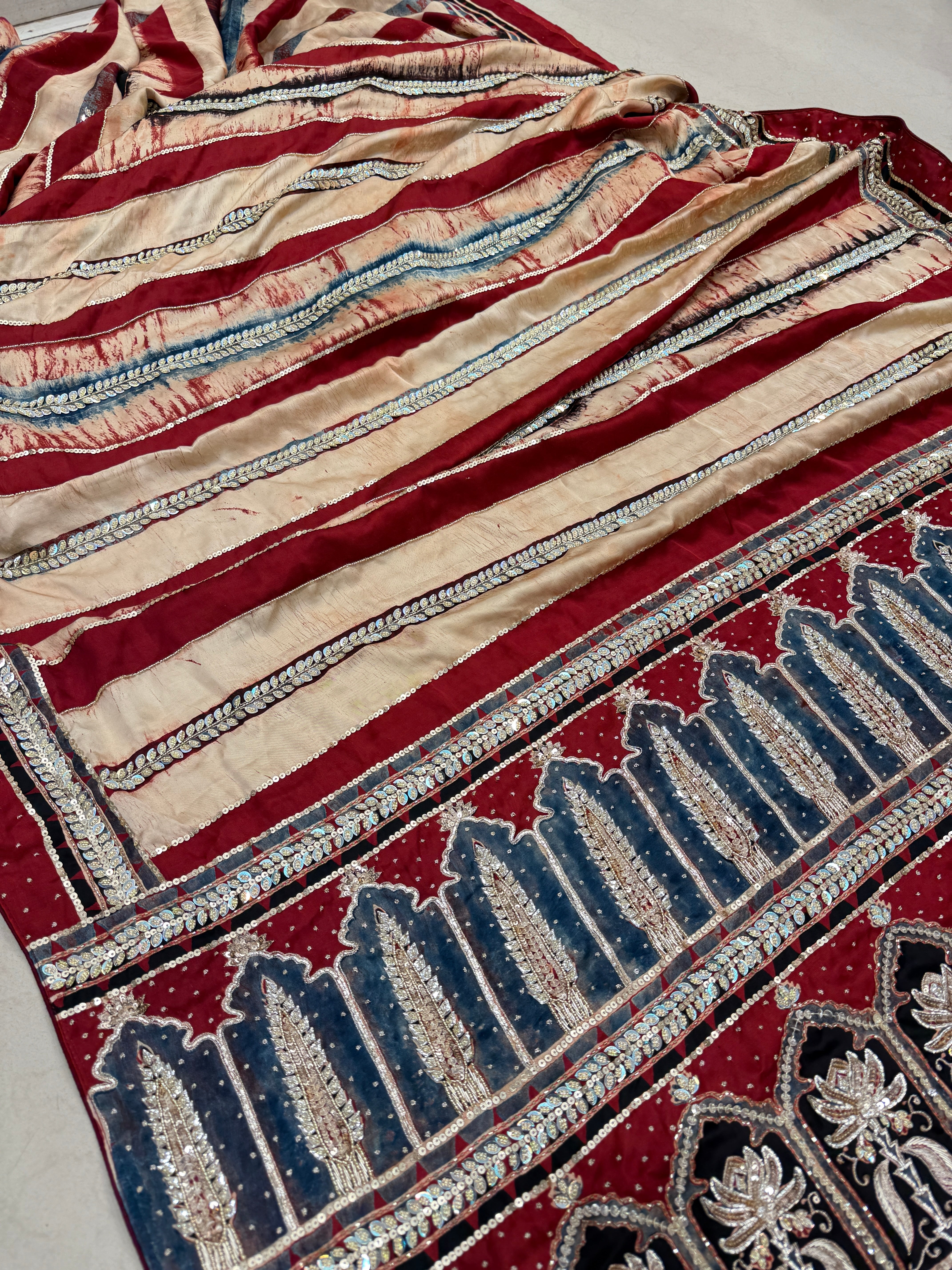 Ajrakh Hand Embroidery Zardosi Sequin Saree Contemporary