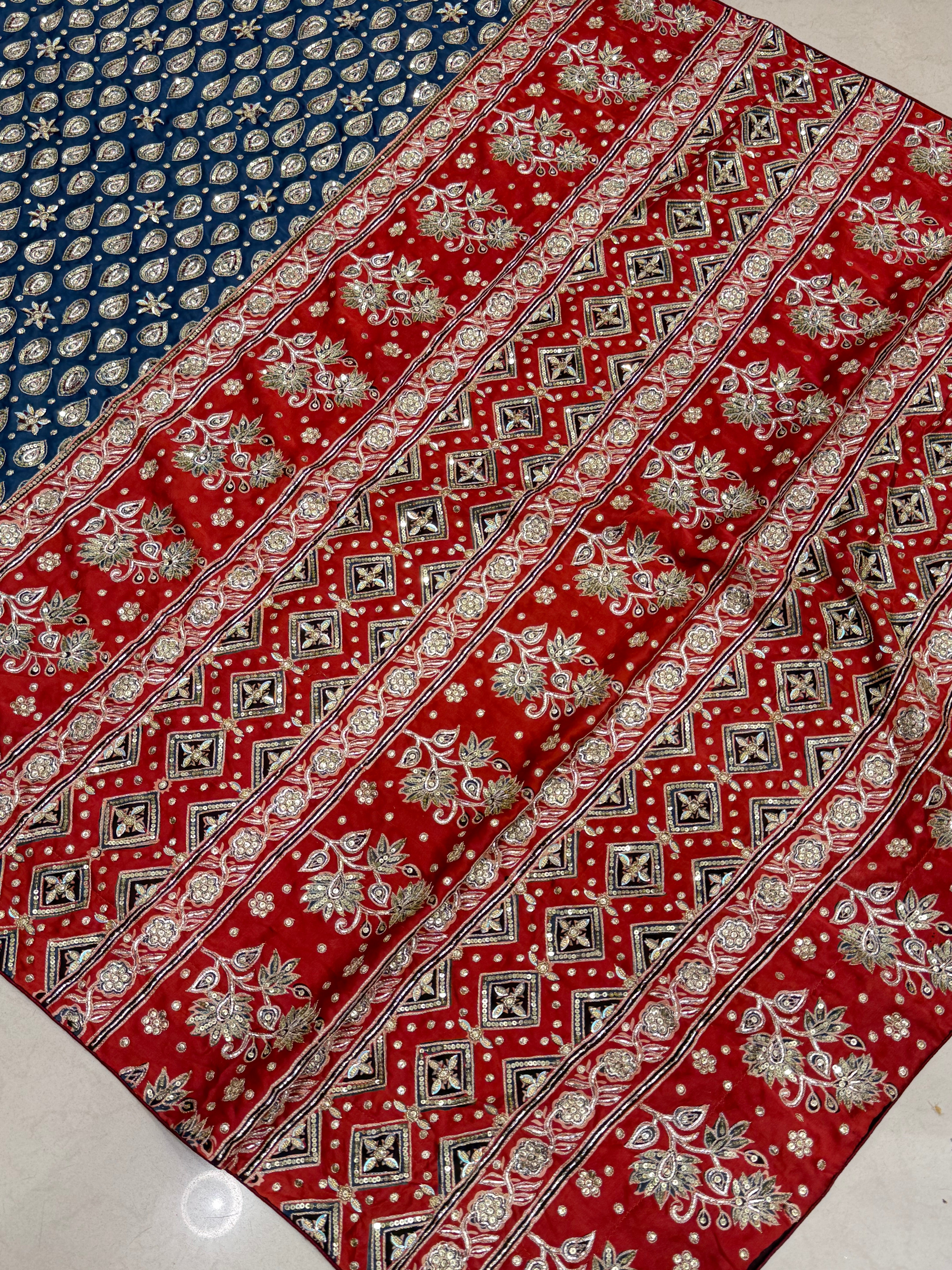 Blue Red Floral Buttis Ajrakh Hand Embroidery Saree