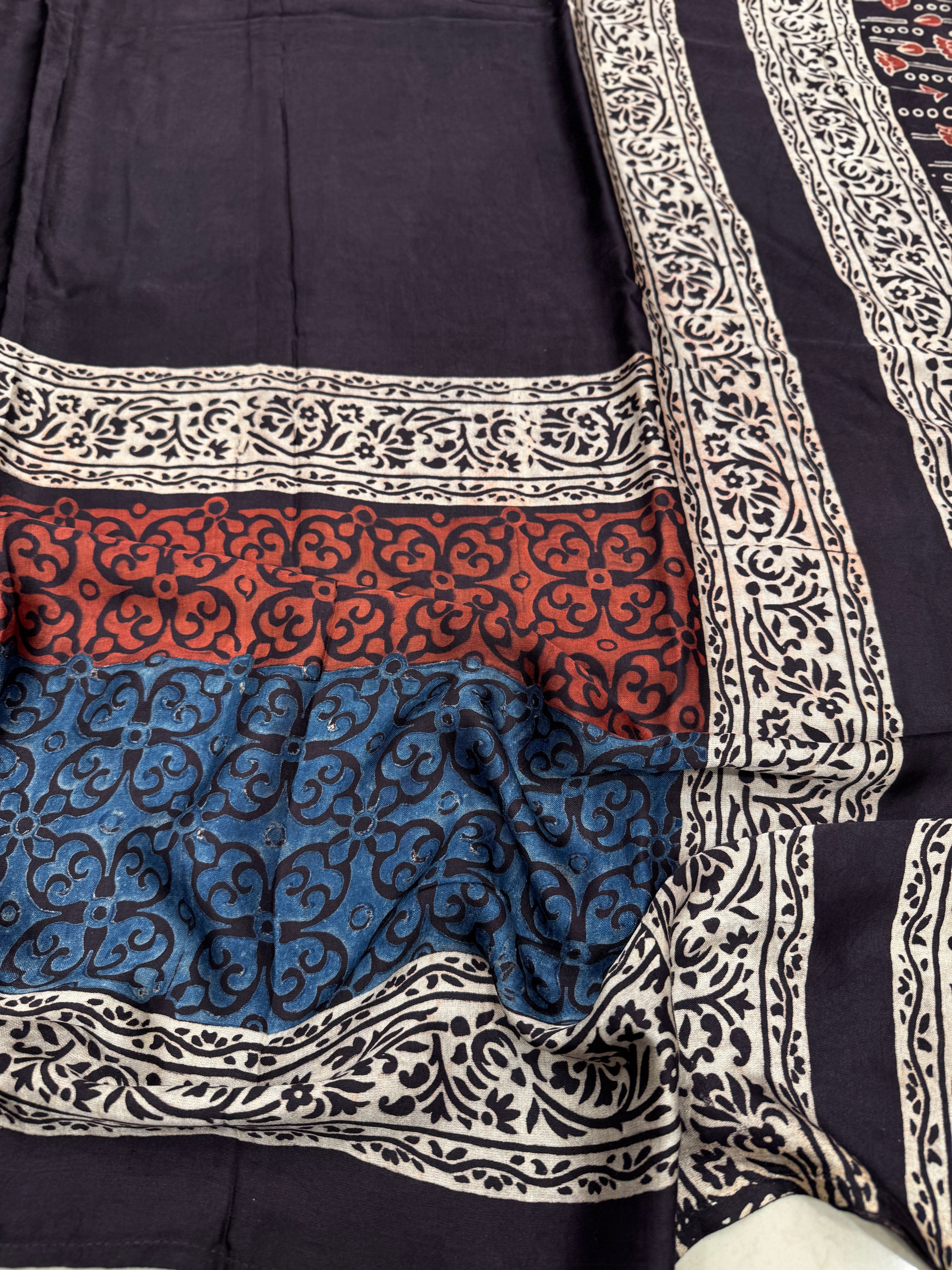 Multi Traditional Half Jaal Ajrakh Modal Gajji Silk Saree