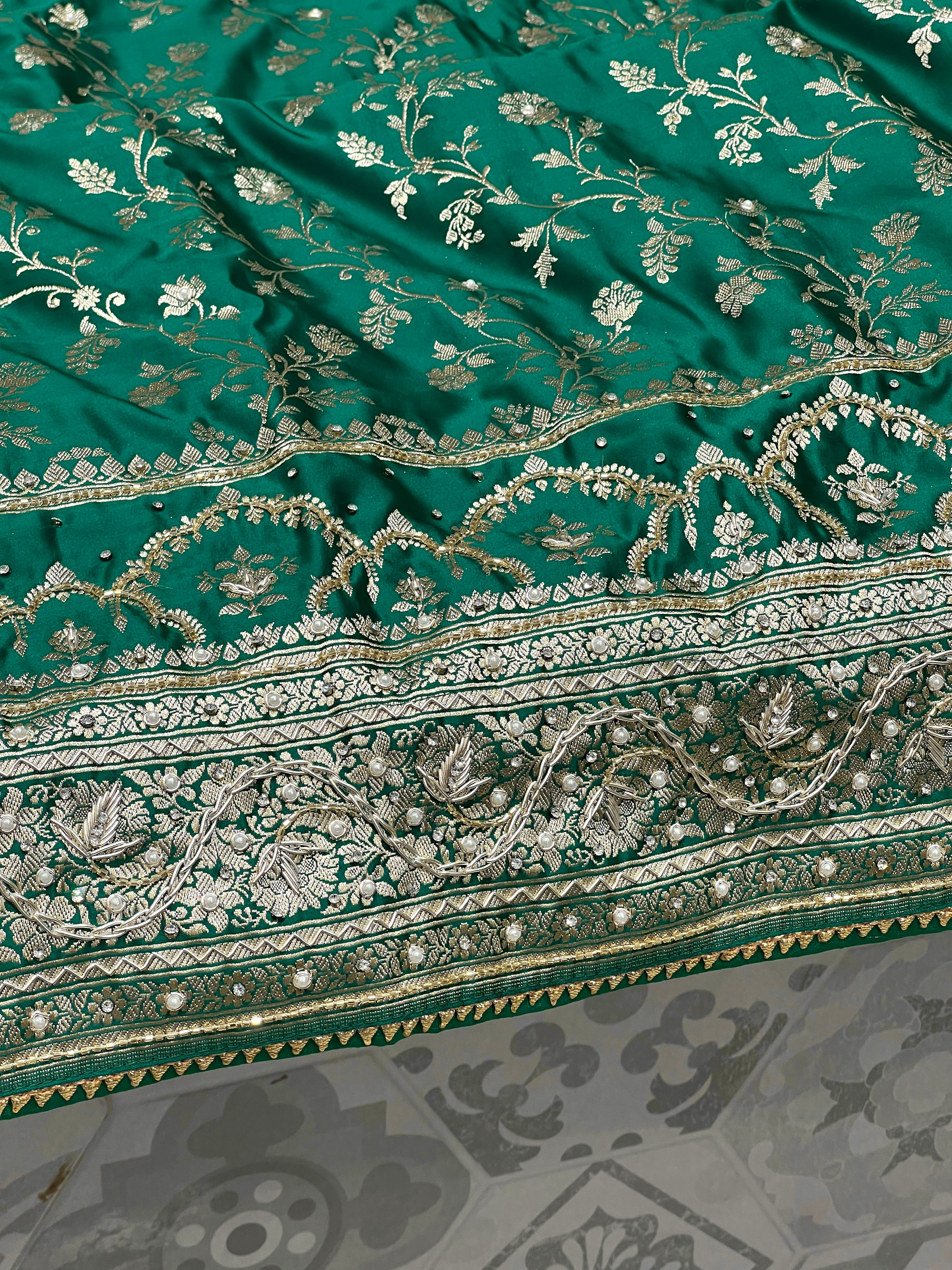 Warm Teal Green Banarasi Chain Embroidery Saree