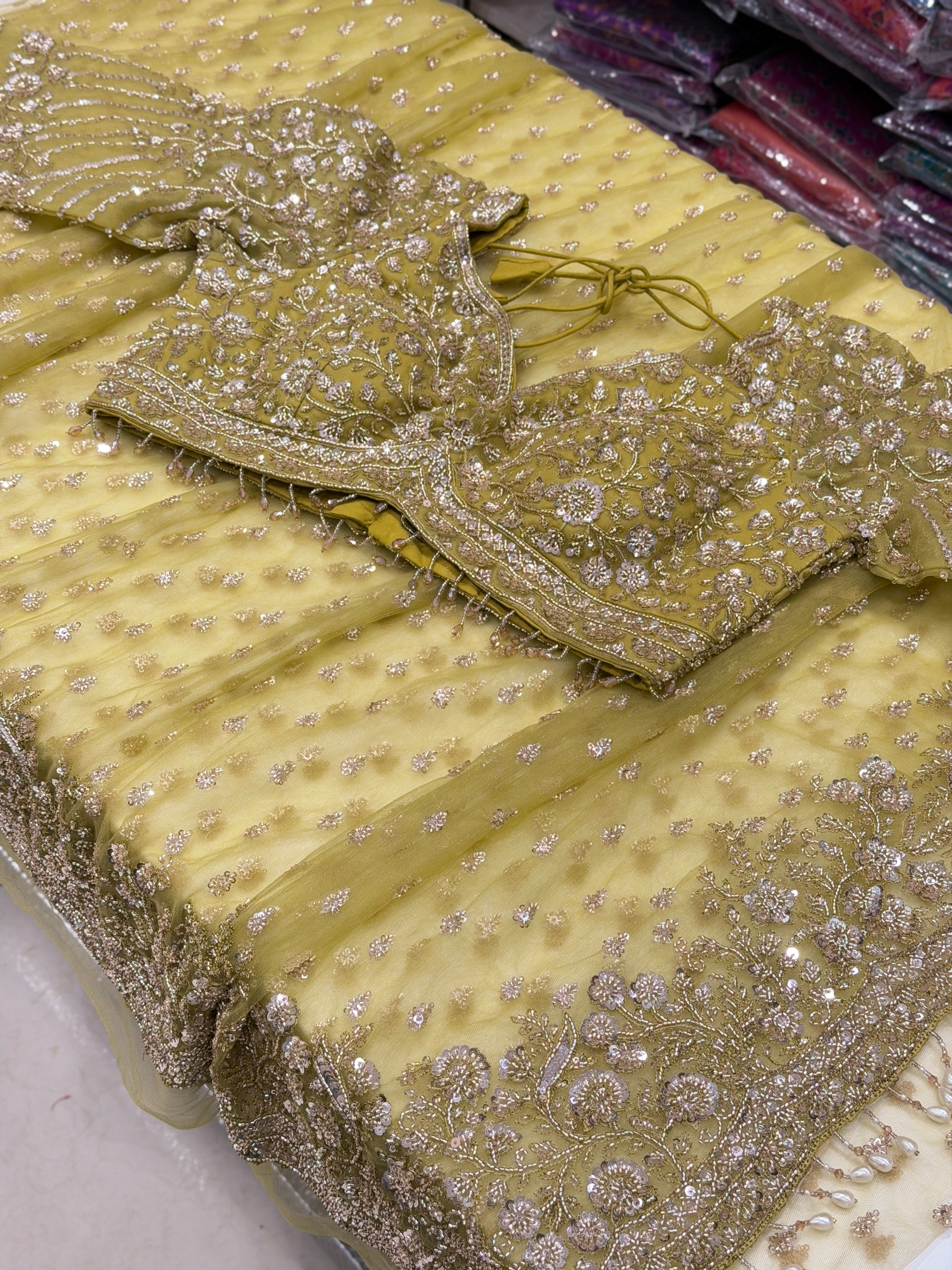 Lime Green Moti Sequin Ready Blouse Soft Net Embroidery Saree