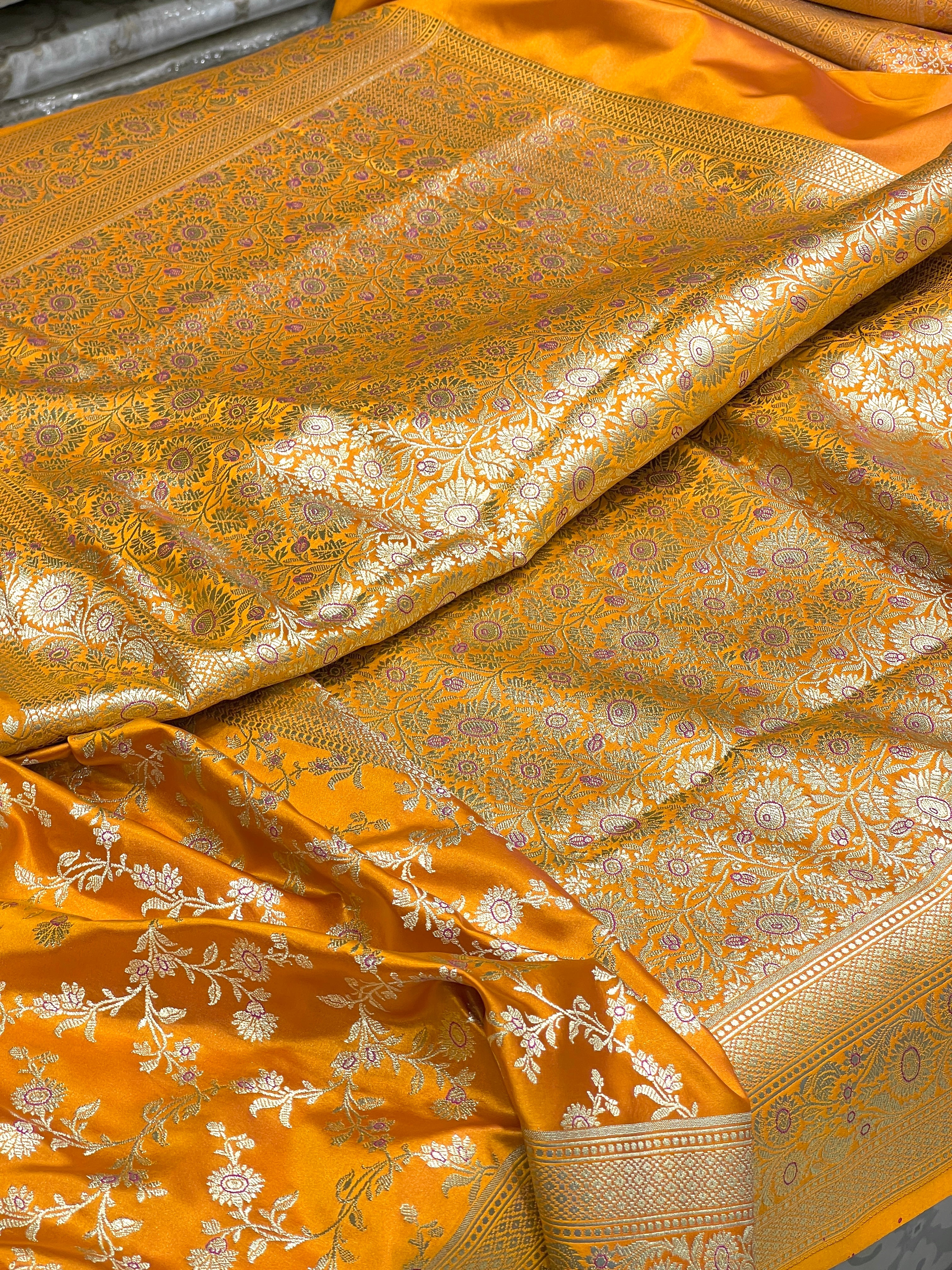 Mango Yellow Banarasi Flower Border Saree