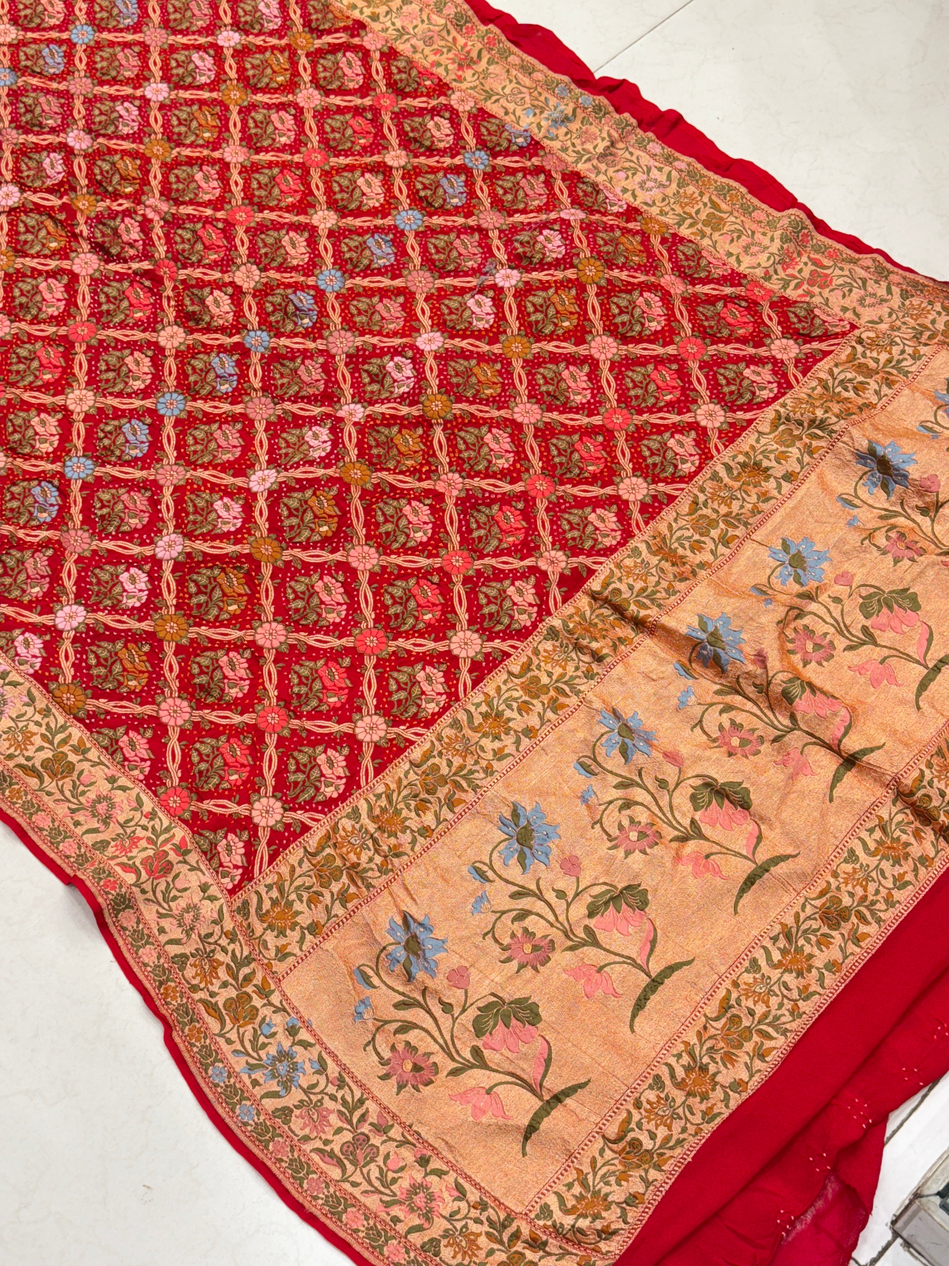 Red Floral Jaal Meenakari Rai Bandhej Georgette Bandhini Saree