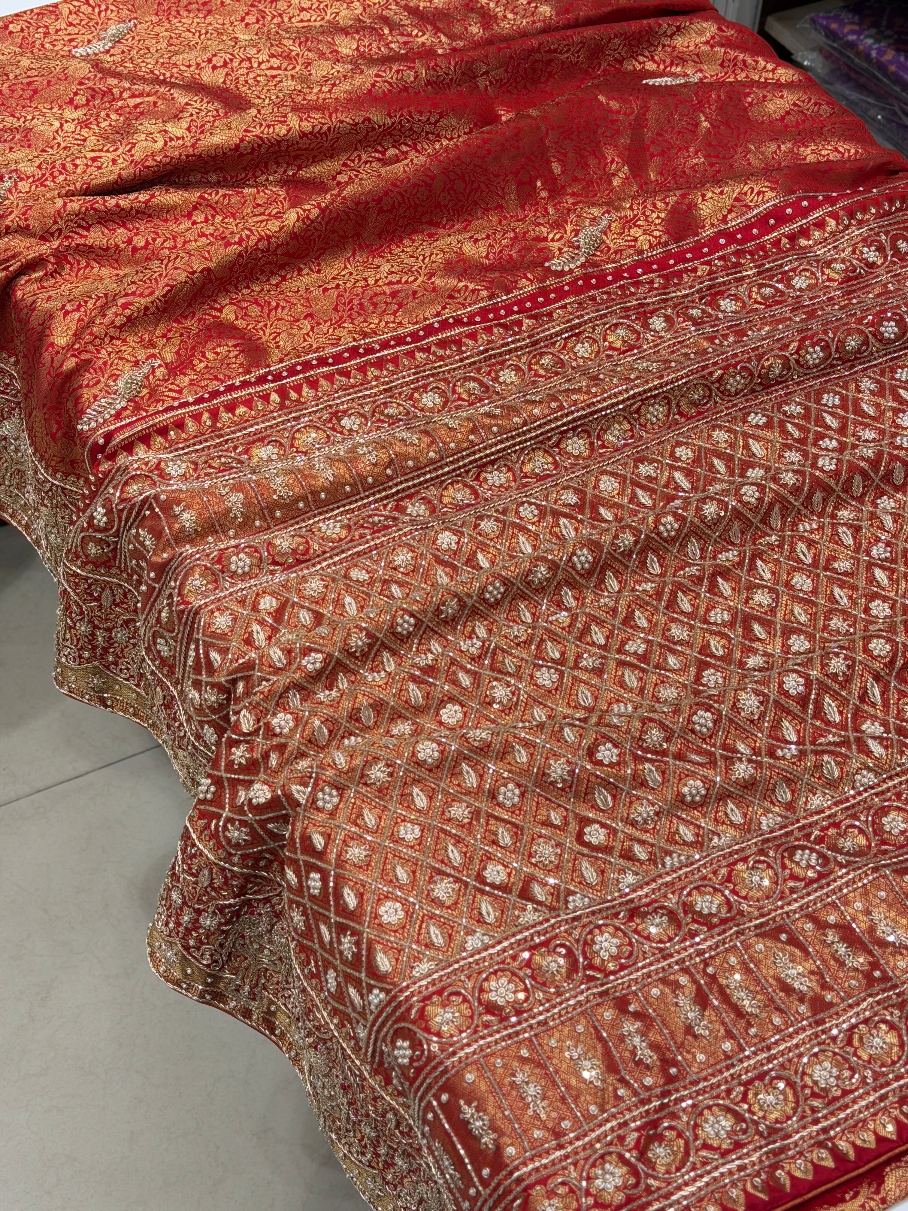 Red Kanjivaram Peacock Motif Hand Embroidery Zardosi Saree