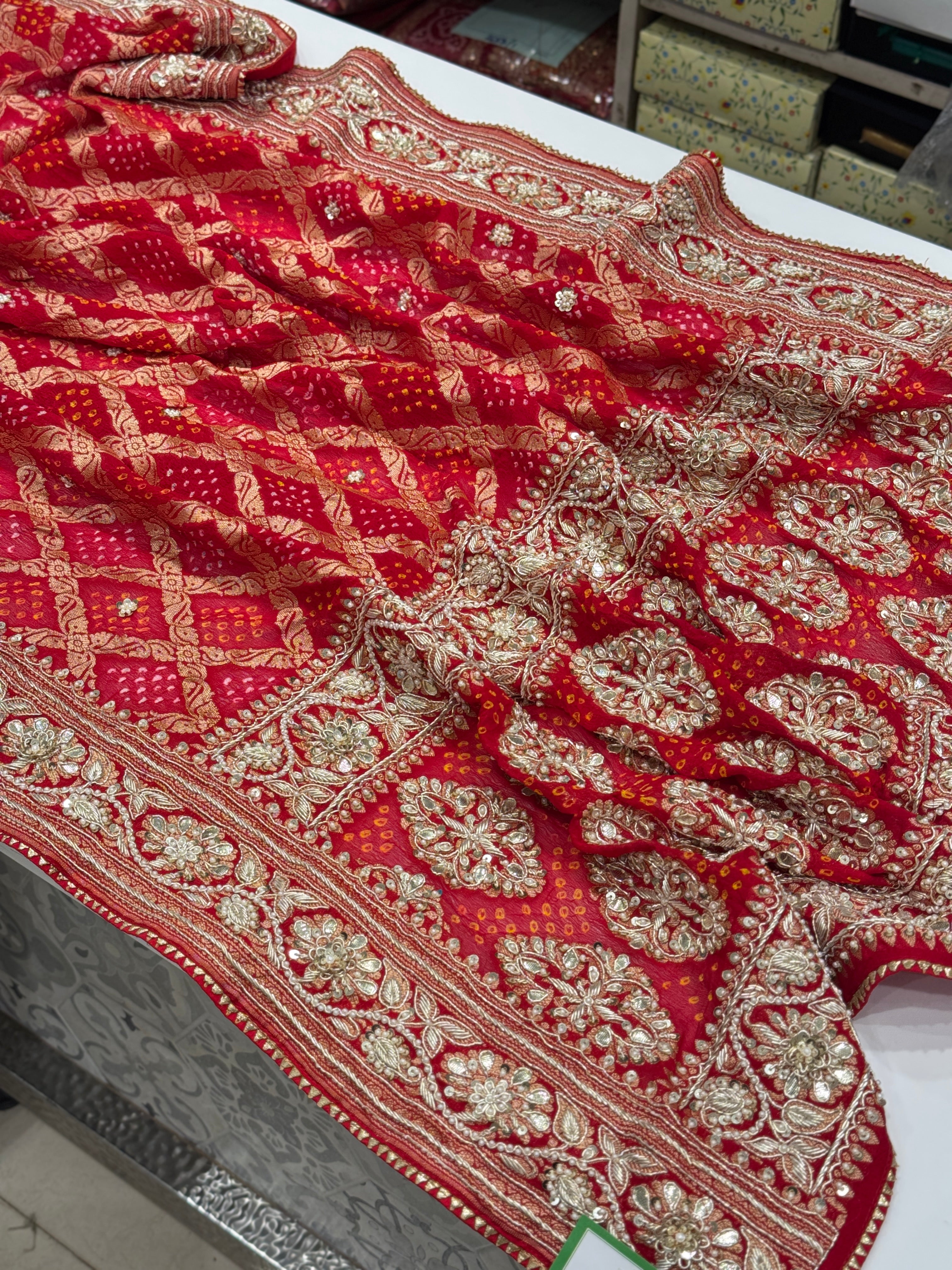 Red Hand Embroidery Bandhej Dupatta