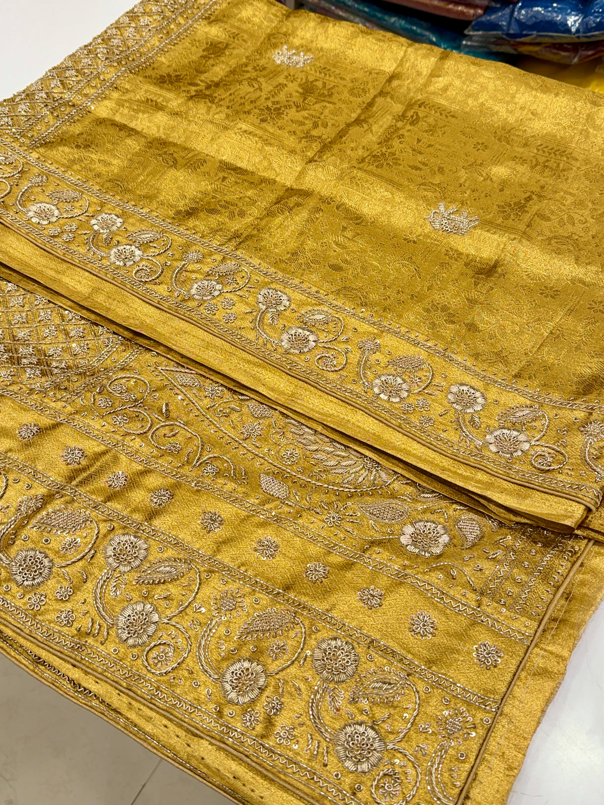 Golden Floral Kanjivaram Zardosi Hand Embroidery Saree