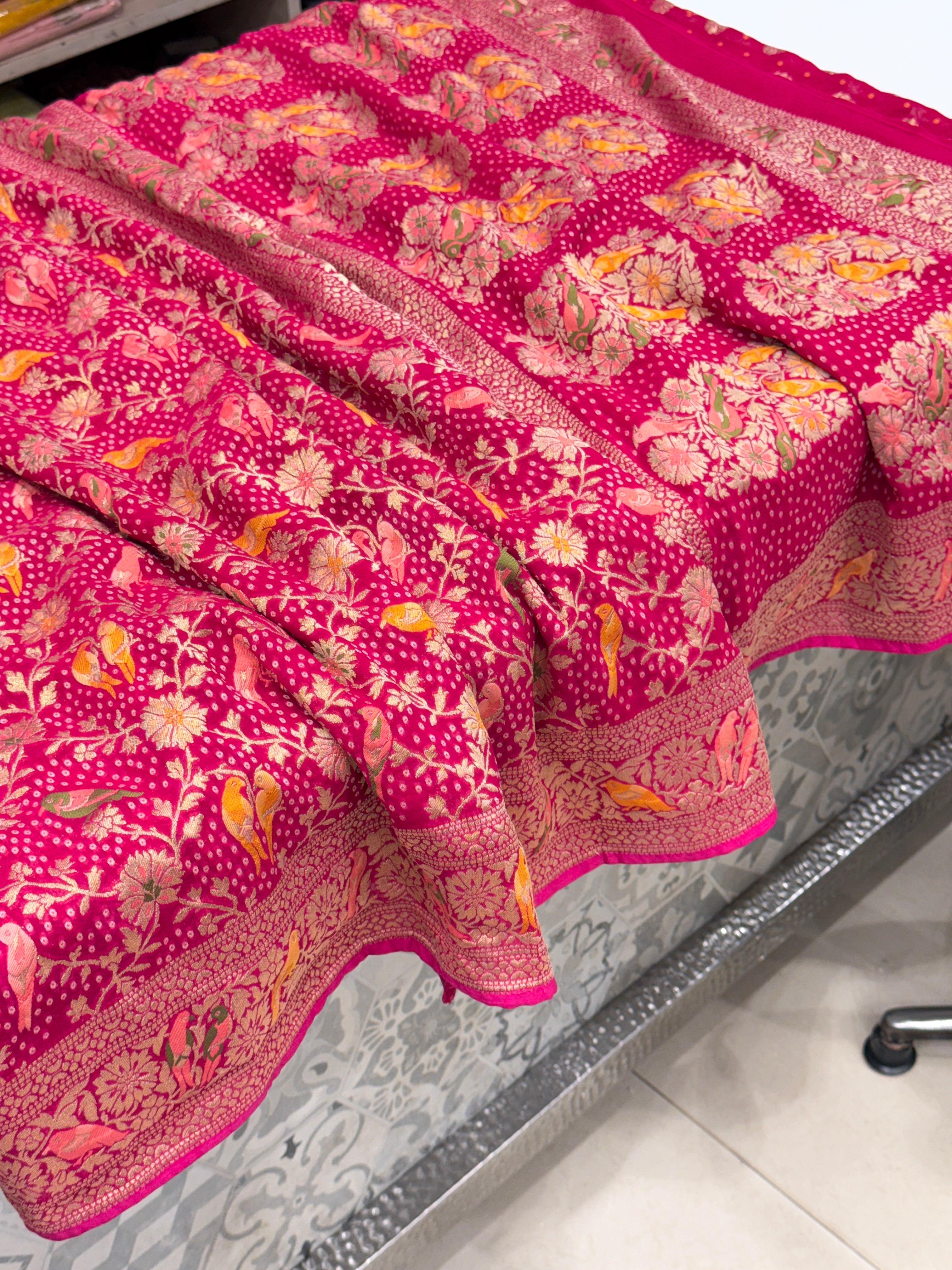 Rani Woven Bandhej Meenakari Parrot Motif Saree