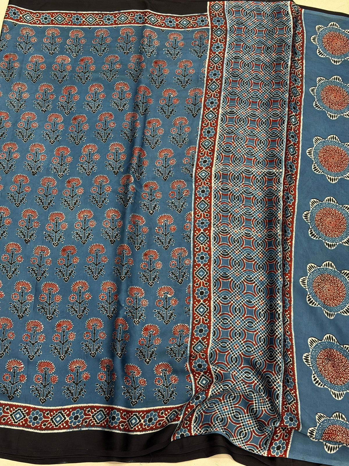 Blue Floral Butta Ajrakh Hand Block Print Pure Gajji Silk Saree