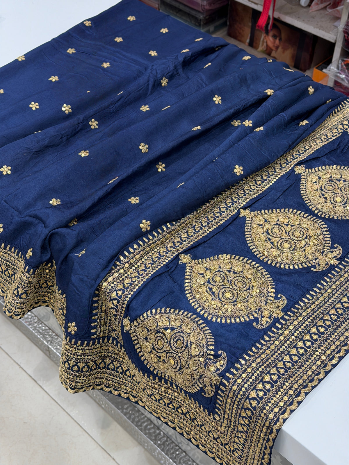 Blue Buttas Pallu Sabyasachi Inspired Marodi Embroidery Zardosi Saree