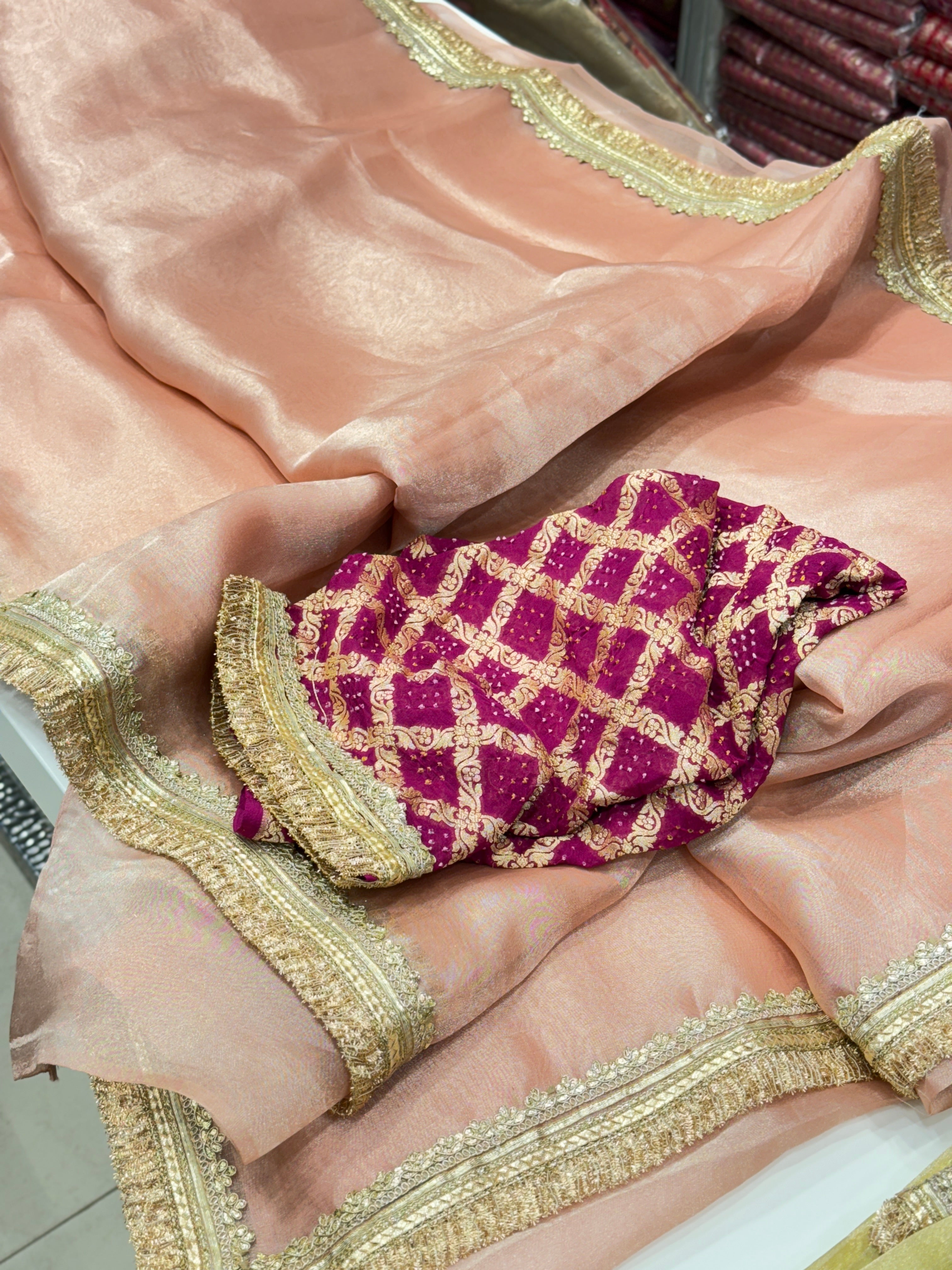 Peach Handloom Banarasi Tissue Saree With Bandhej Blouse