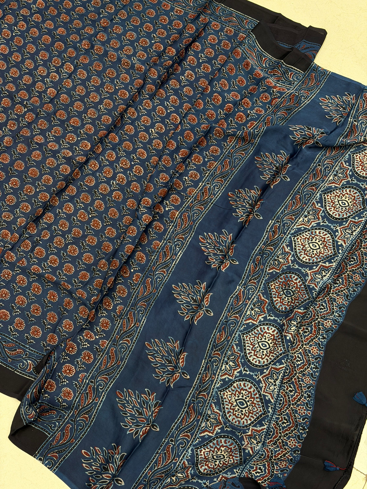 Blue Buttis Ajrakh Hand Block Print Pure Gajji Silk Dupatta
