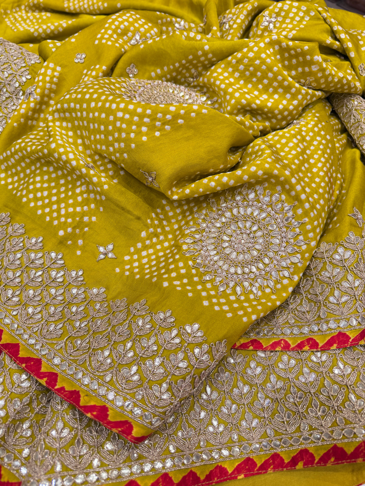 Lime Green Faabiiana Inspired Gajji Silk Rai Bandhej Gotapatti Marodi Hand Embroidery Saree
