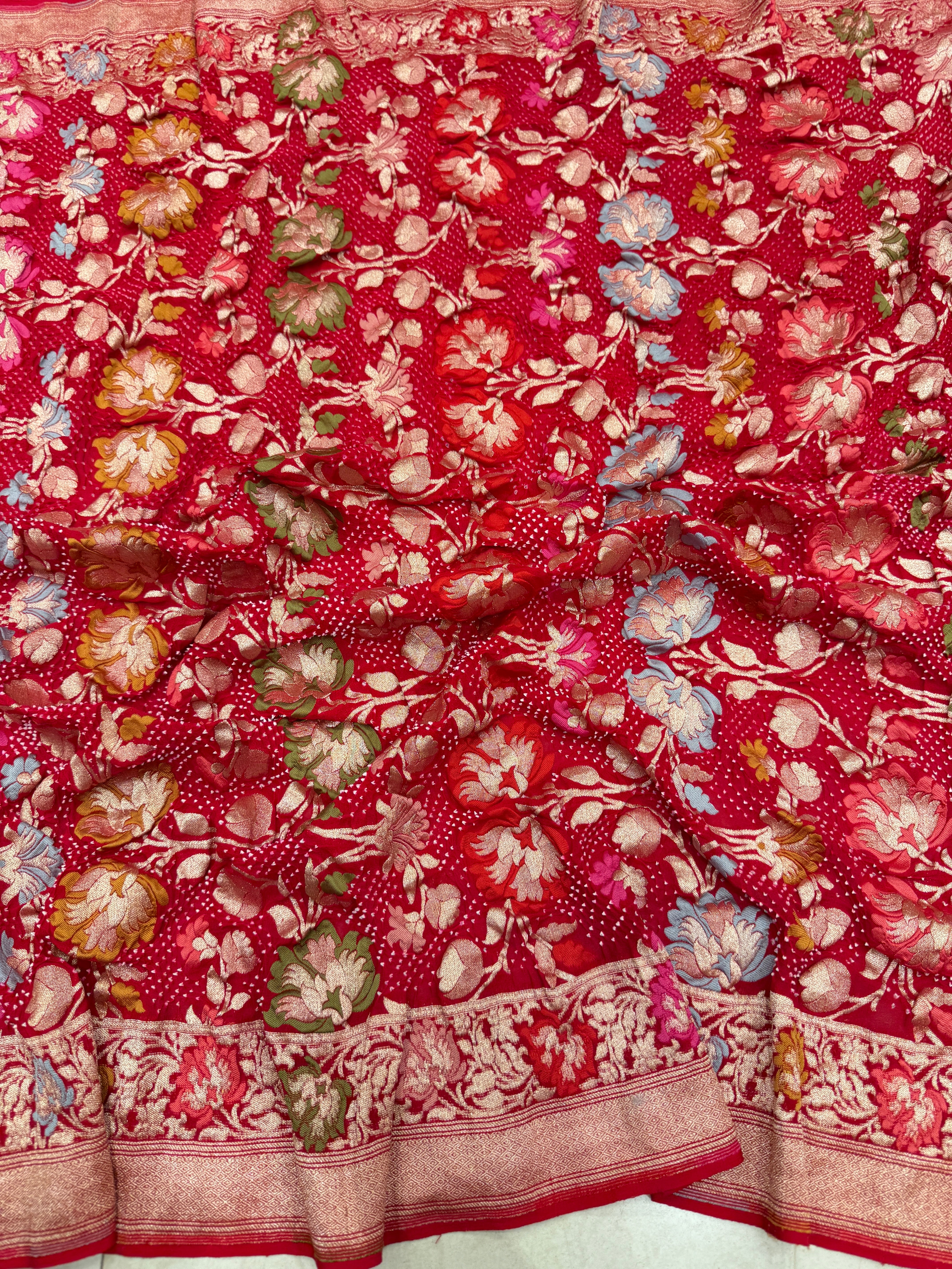 Red Jaal Handloom Meenakari Rai Bandhej Pure Zari Dupatta