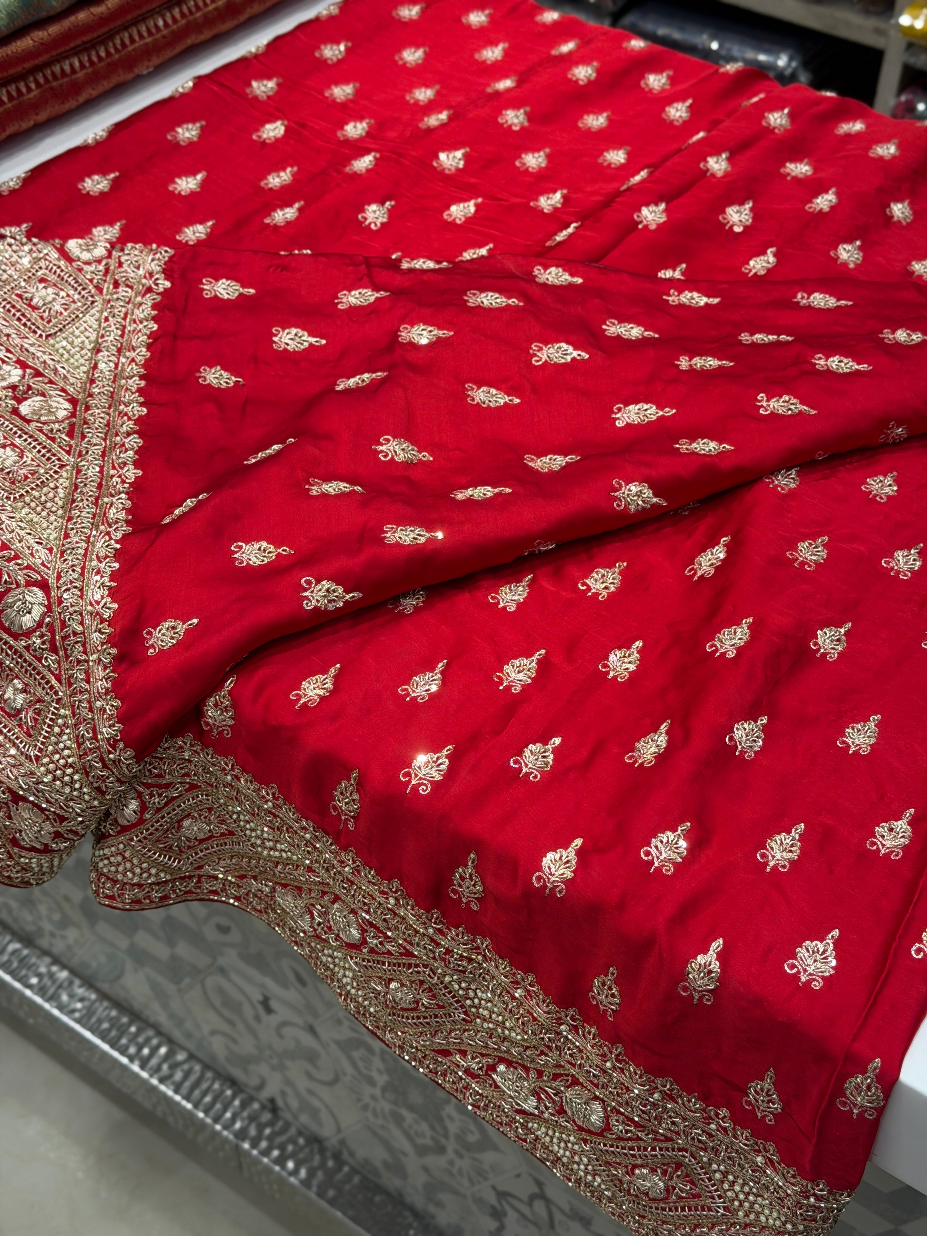 Red Hand Embroidery Buttis Pure Satin Zardosi Embroidery