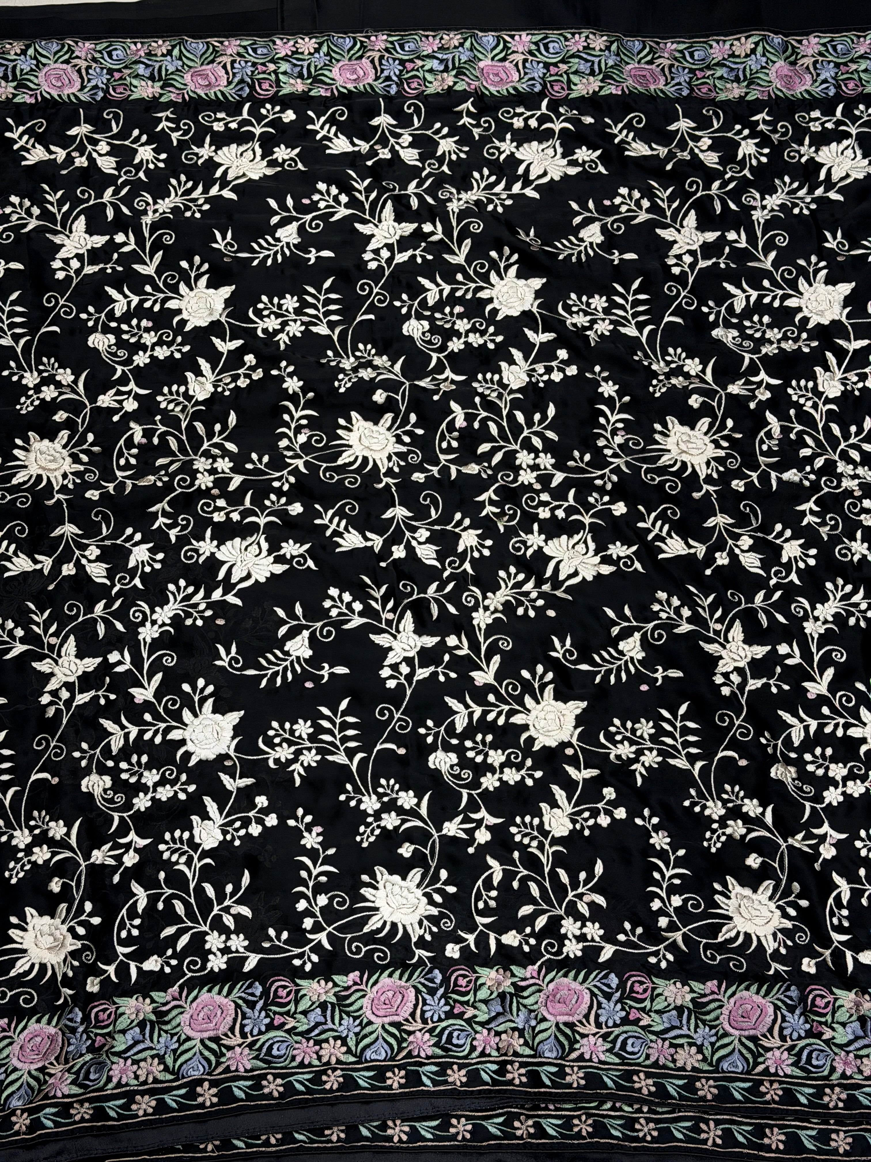 Black Crepe Floral Multi Resham Border Parsi Gara Saree