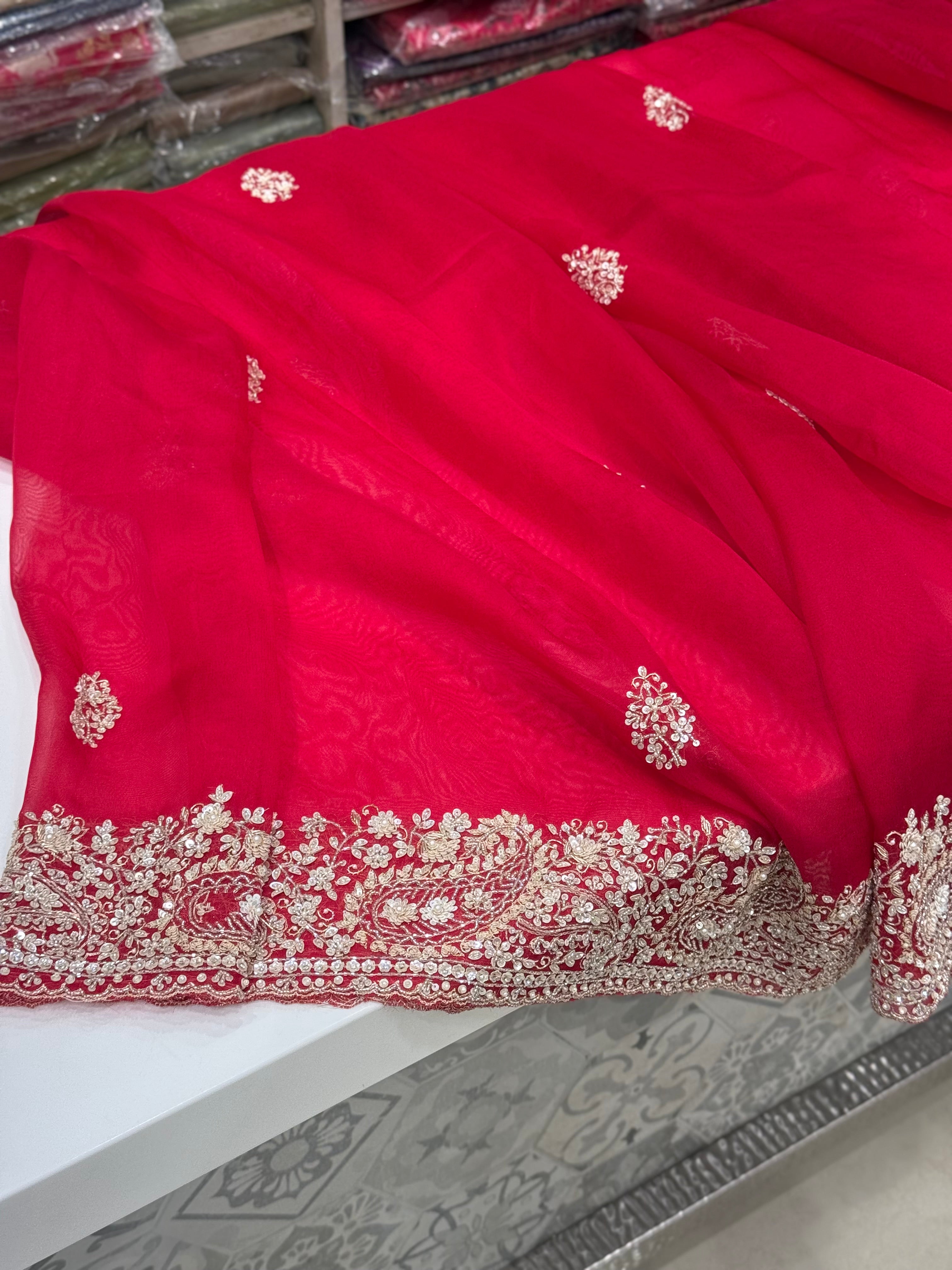 Red Organza Hand Embroidery Saree