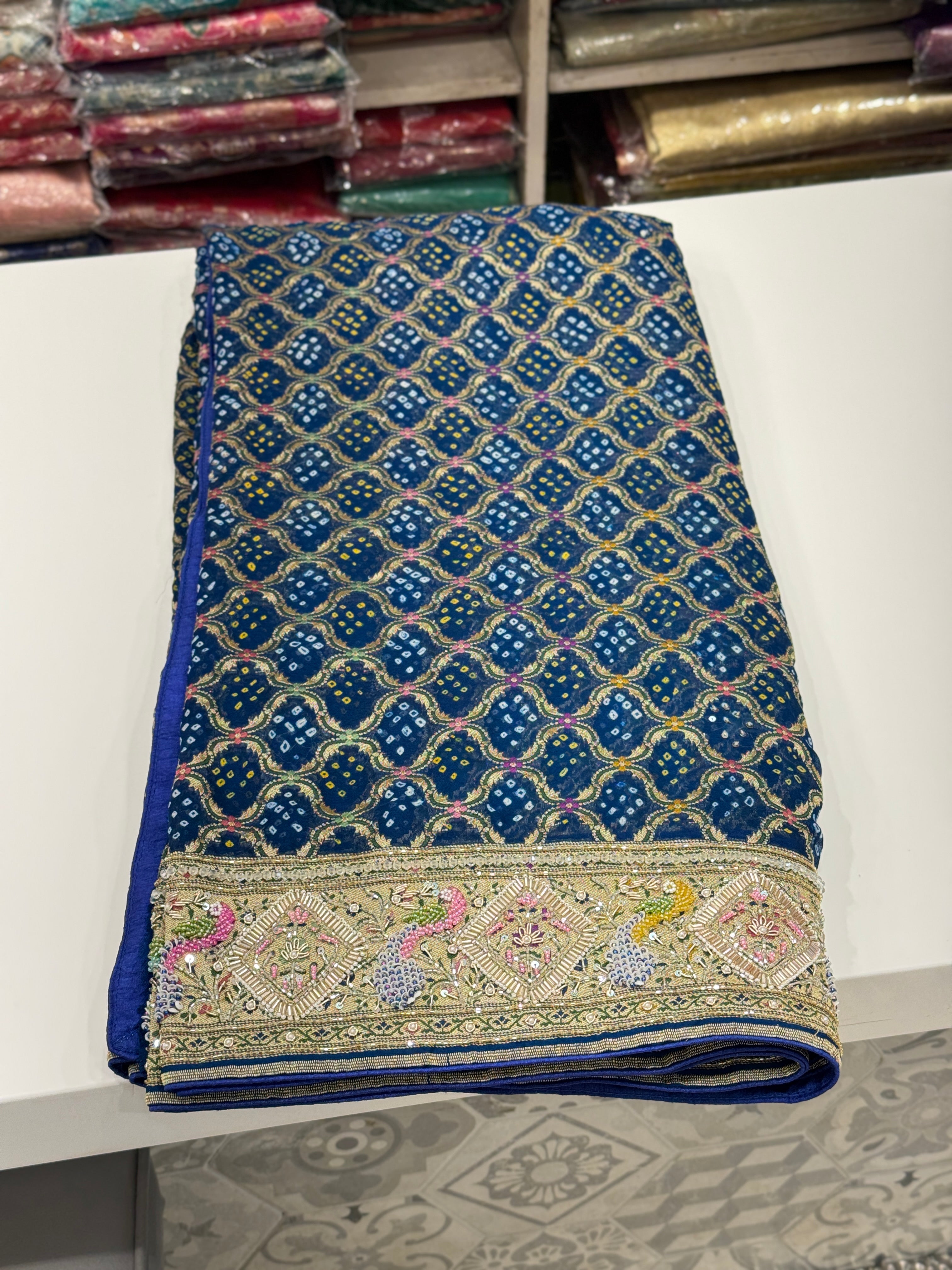 Blue Bandhej Meenakari Hand Embroidery Saree