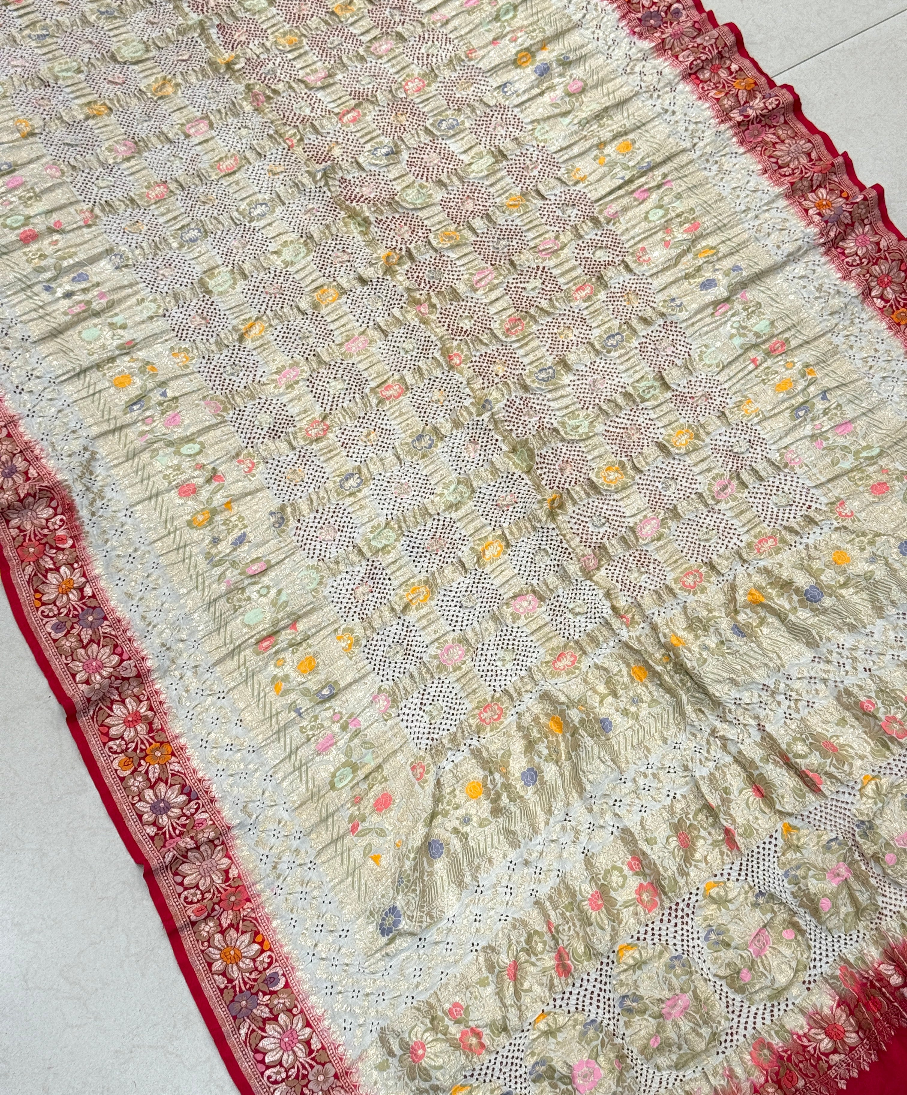 Beige Red Checks Meenakari Handloom Bandhej Dupatta