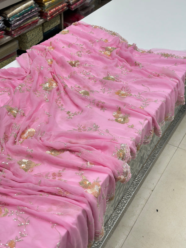 Pink Georgette Sequin Jaal Saree