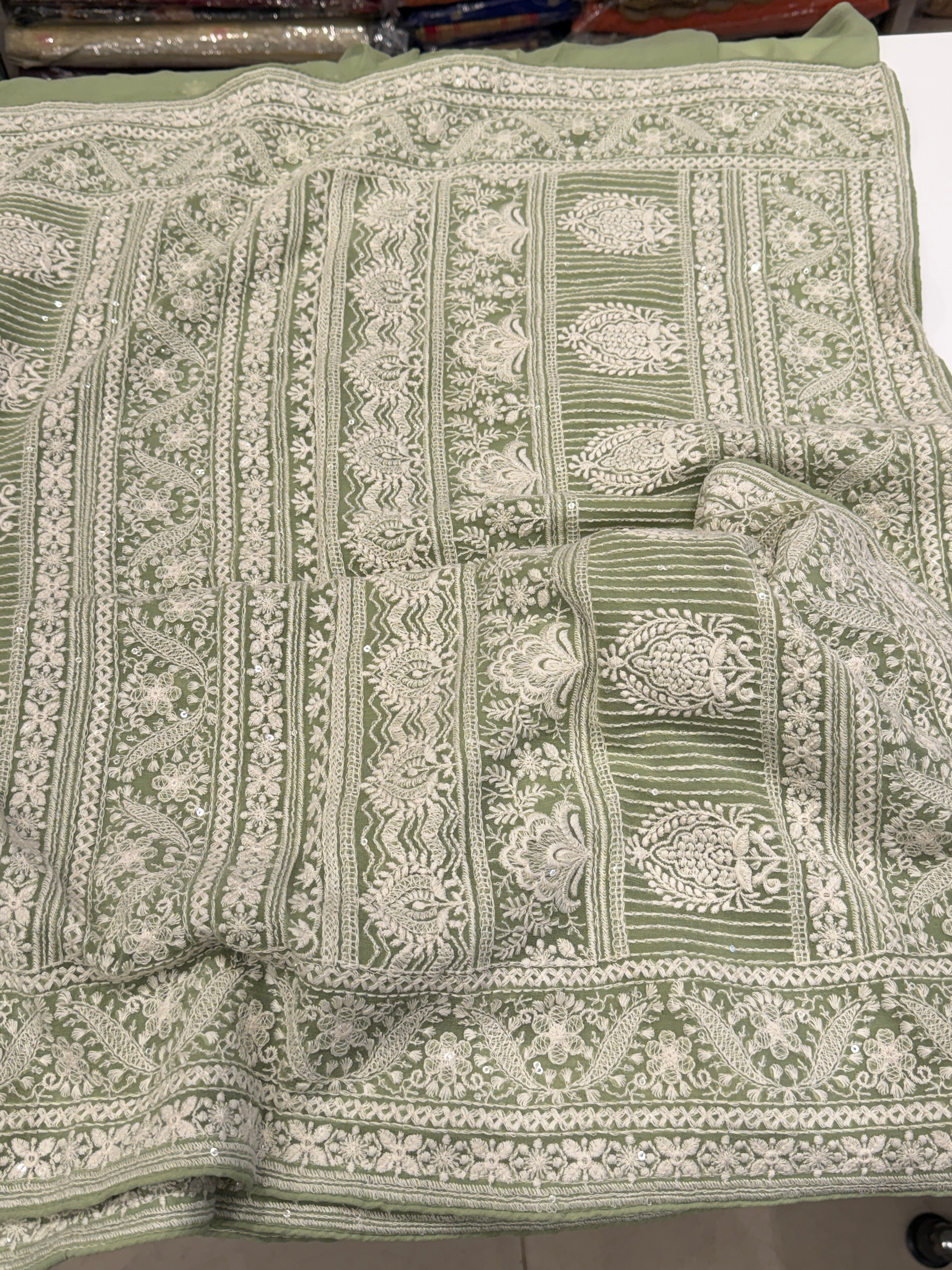Pista Green Georgette Chikankari Line Jaal Resham Embroidery Saree