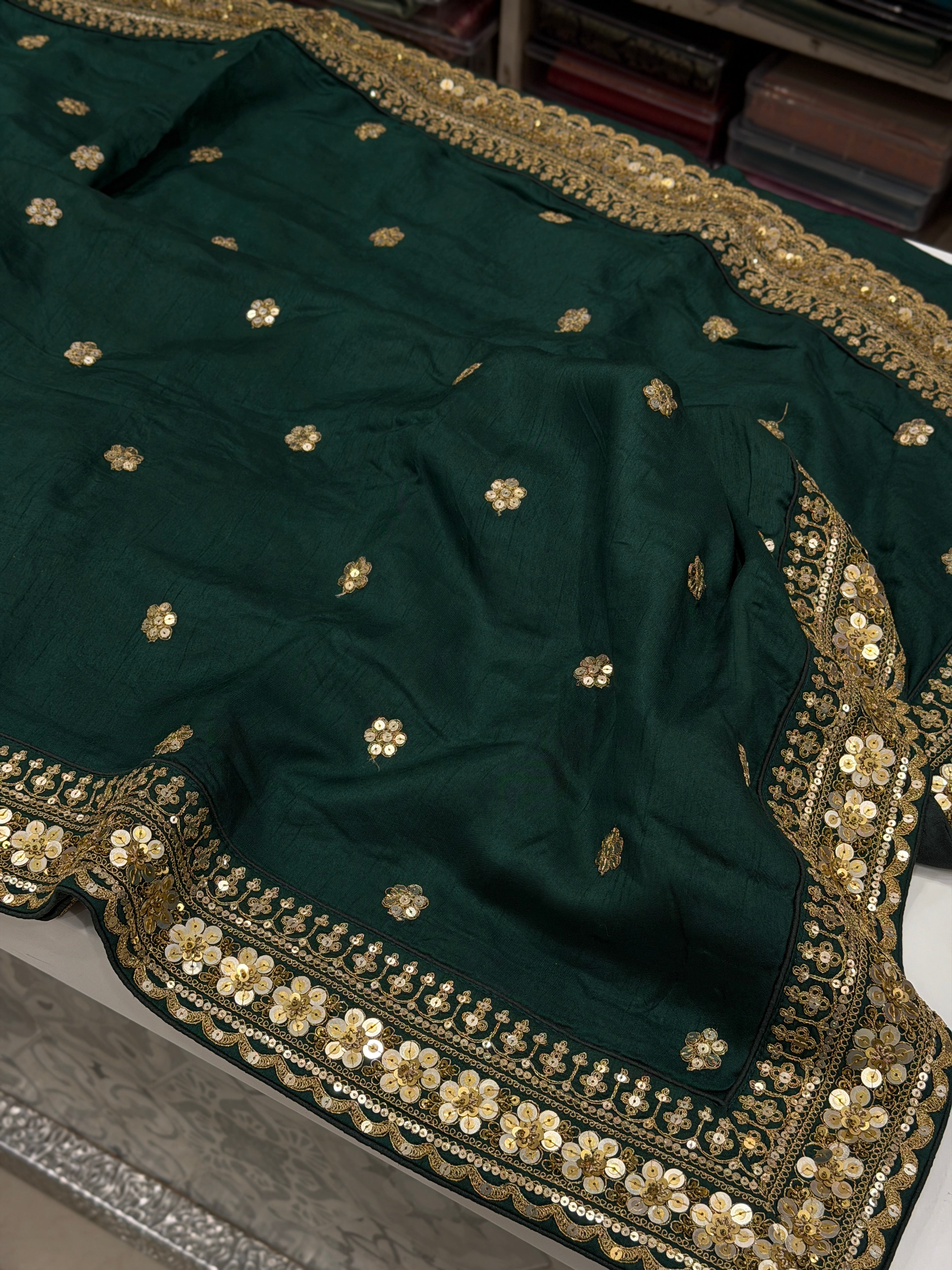 Bottle Green Marodi Embroidery Pure Silk Saree