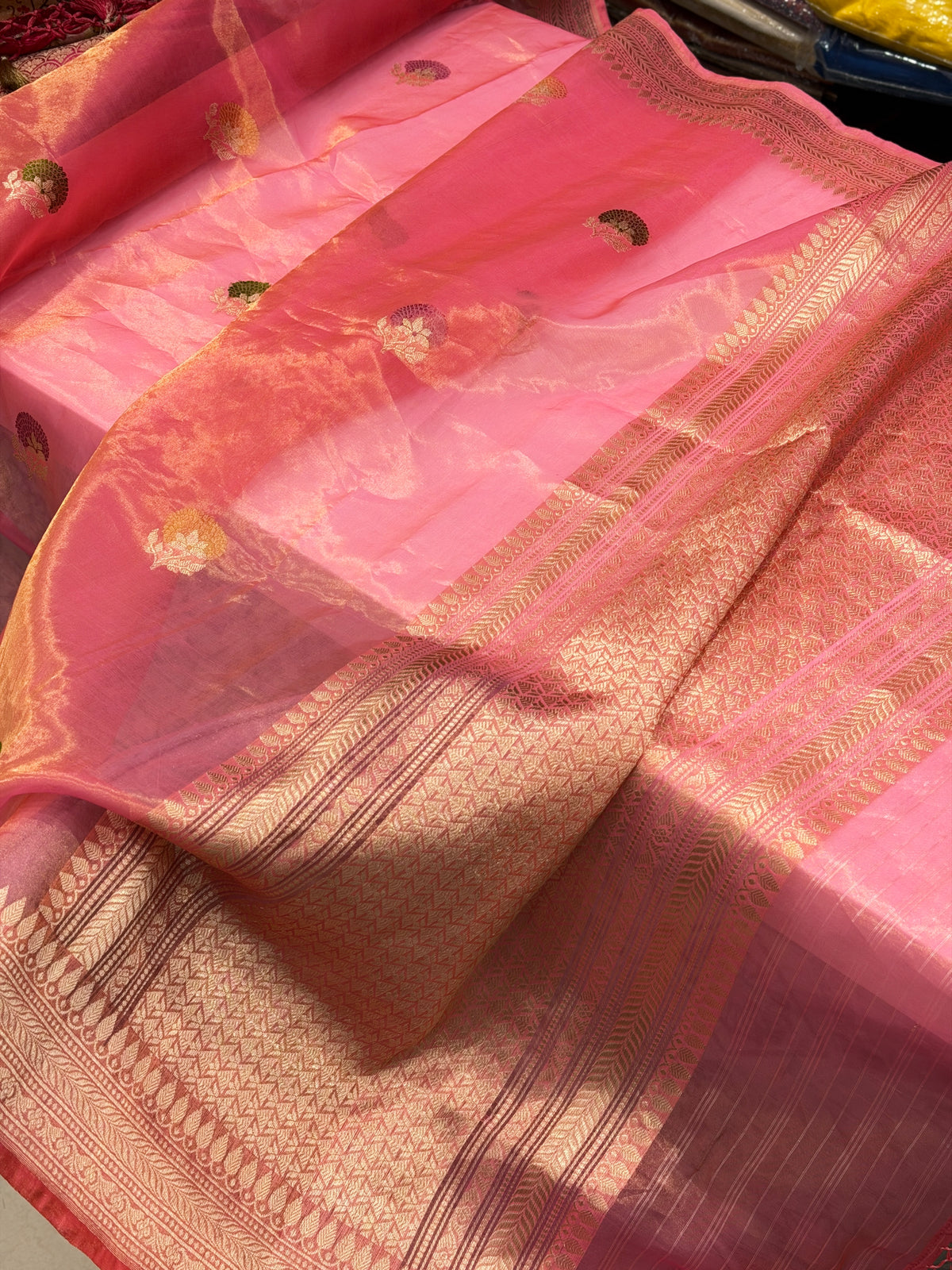 Cross Pink Kadwa Weave Handloom Banarasi Tissue Saree