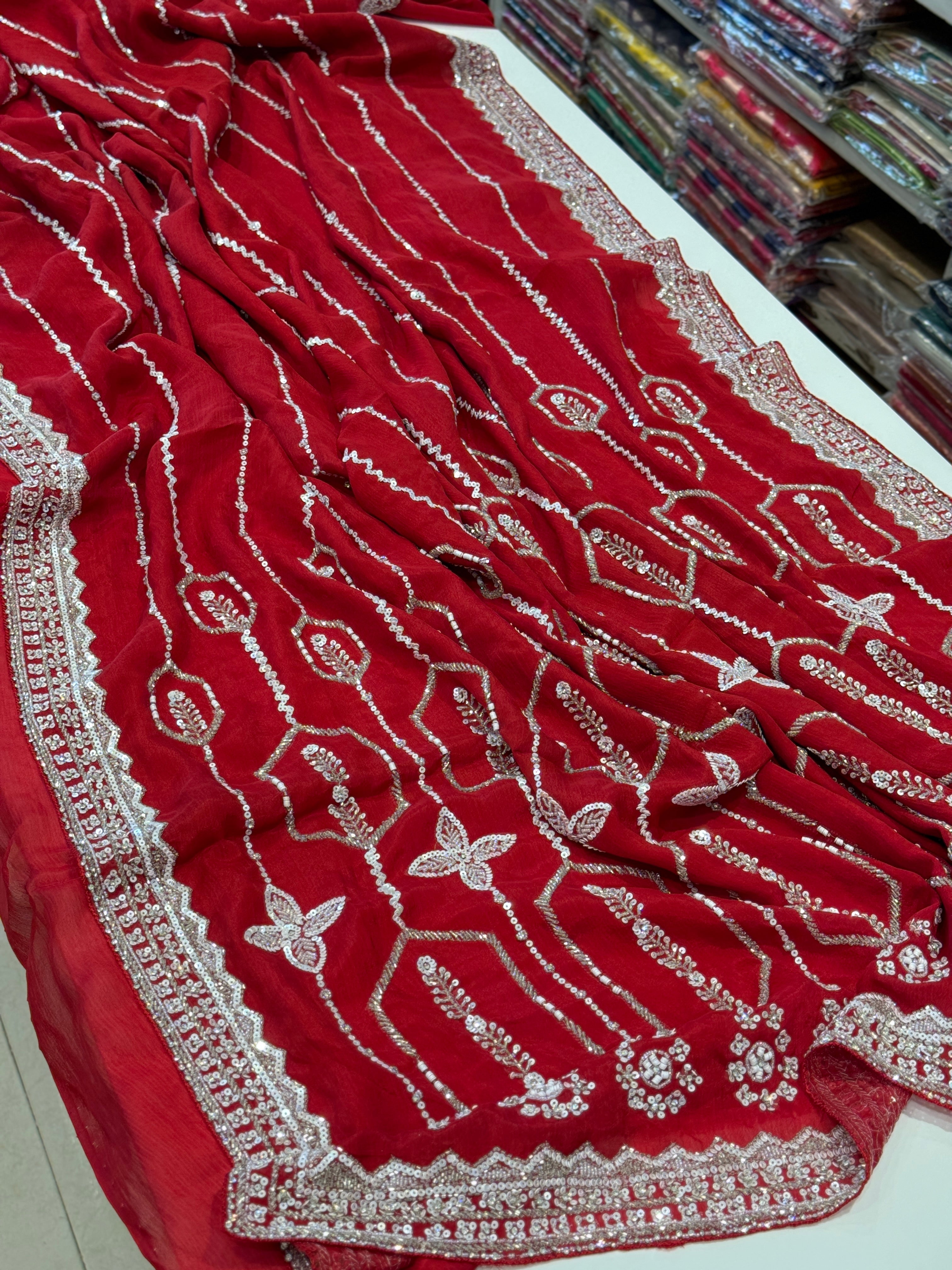 Maroonish Red Contemporary Chiffon Embroidery Saree