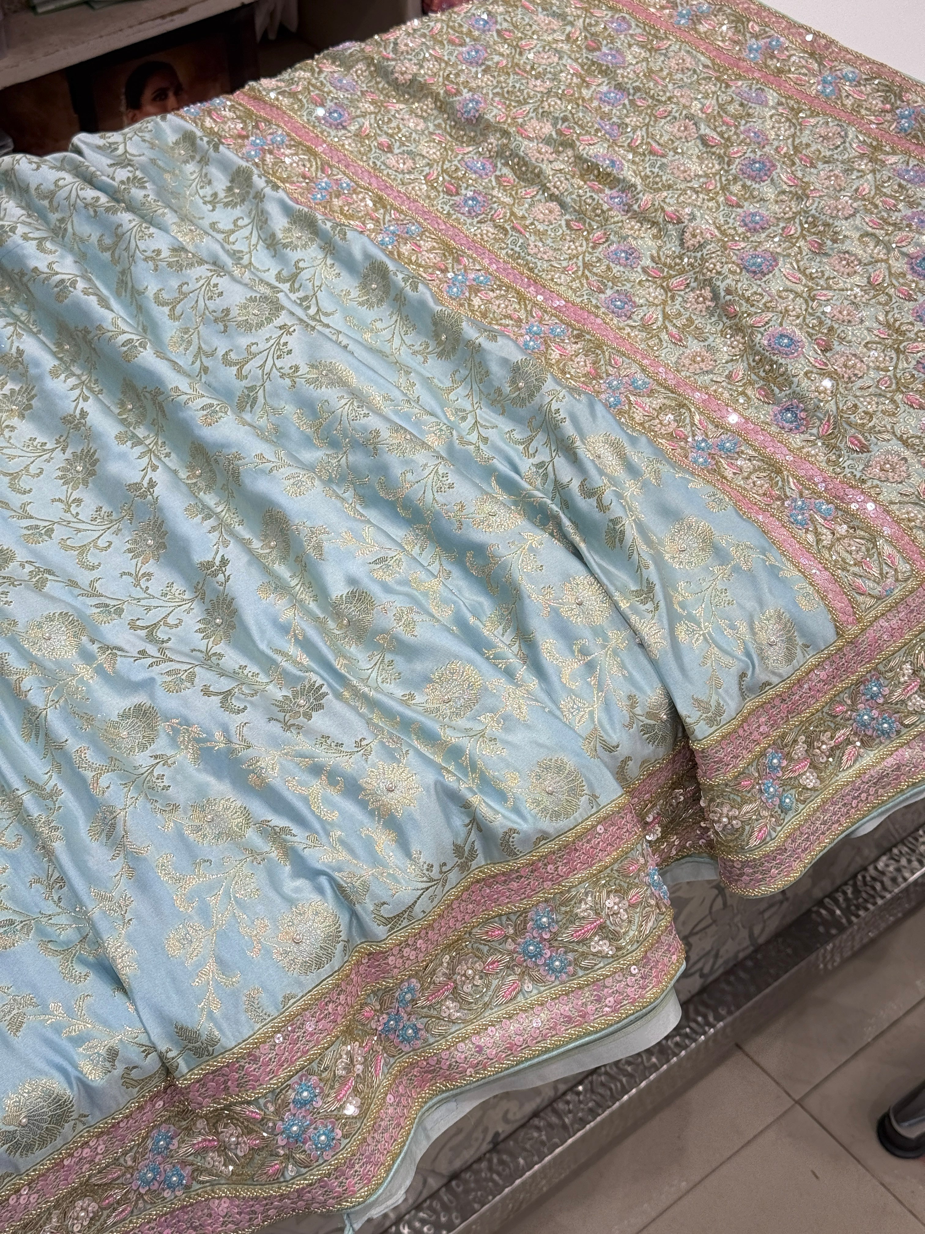 Light Blue Banarasi Small Jaal Fancy Embroidery Saree
