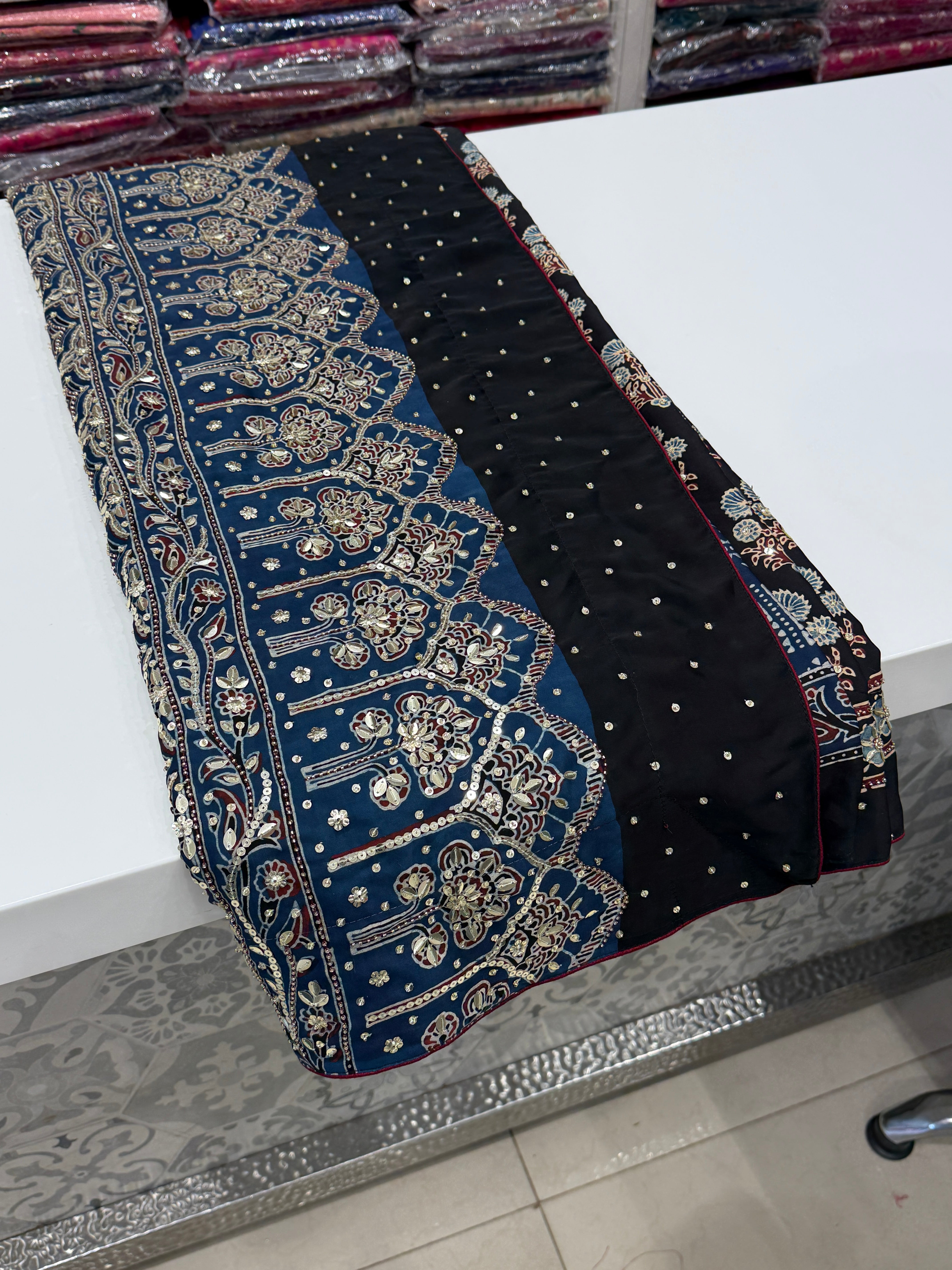 Black Butta Moti Sequin Ajrakh Hand Embroidery Saree