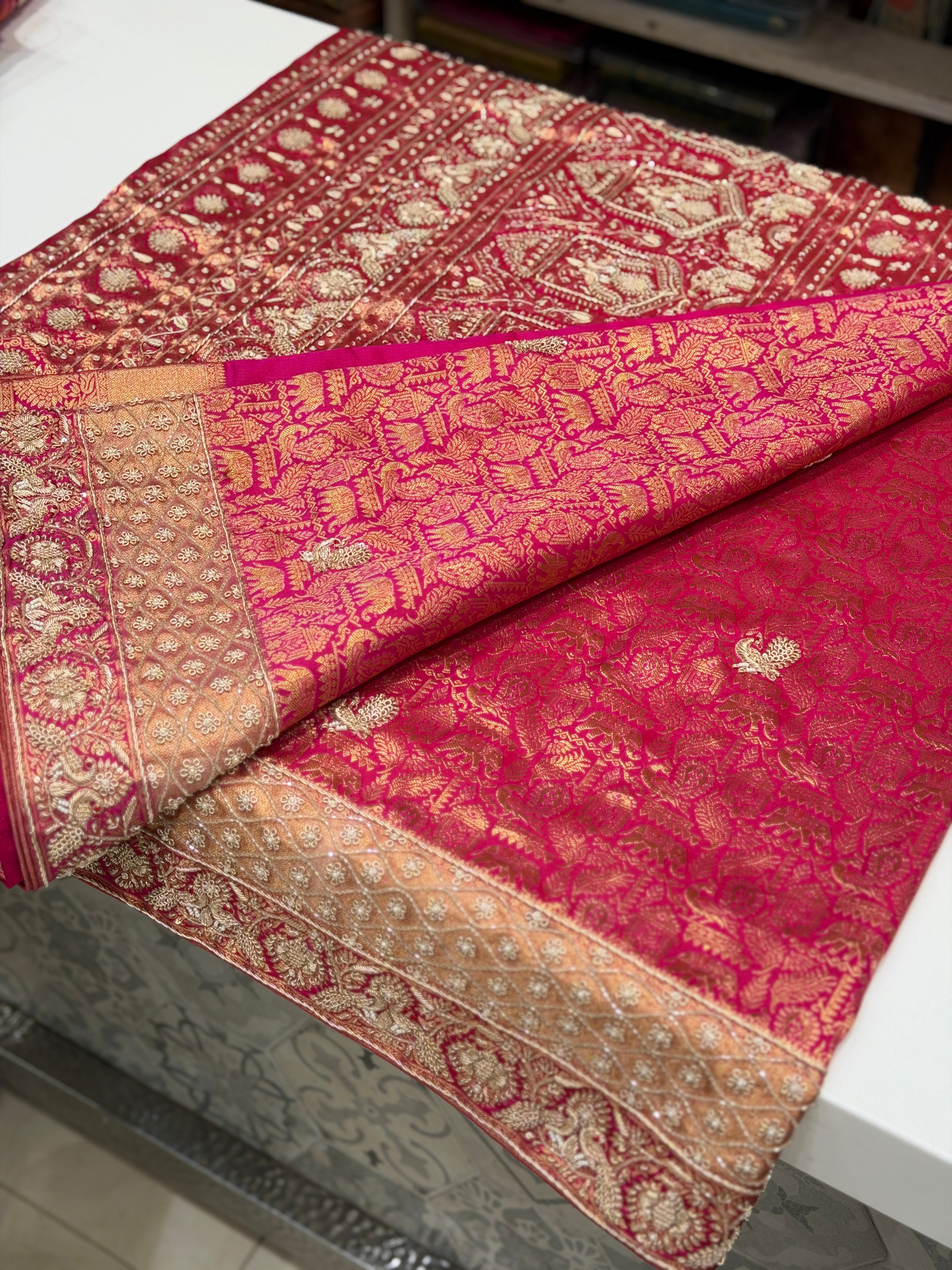 Rani Pink Kanjivaram Peacock Motifs Zardosi Hand Embroidery Saree