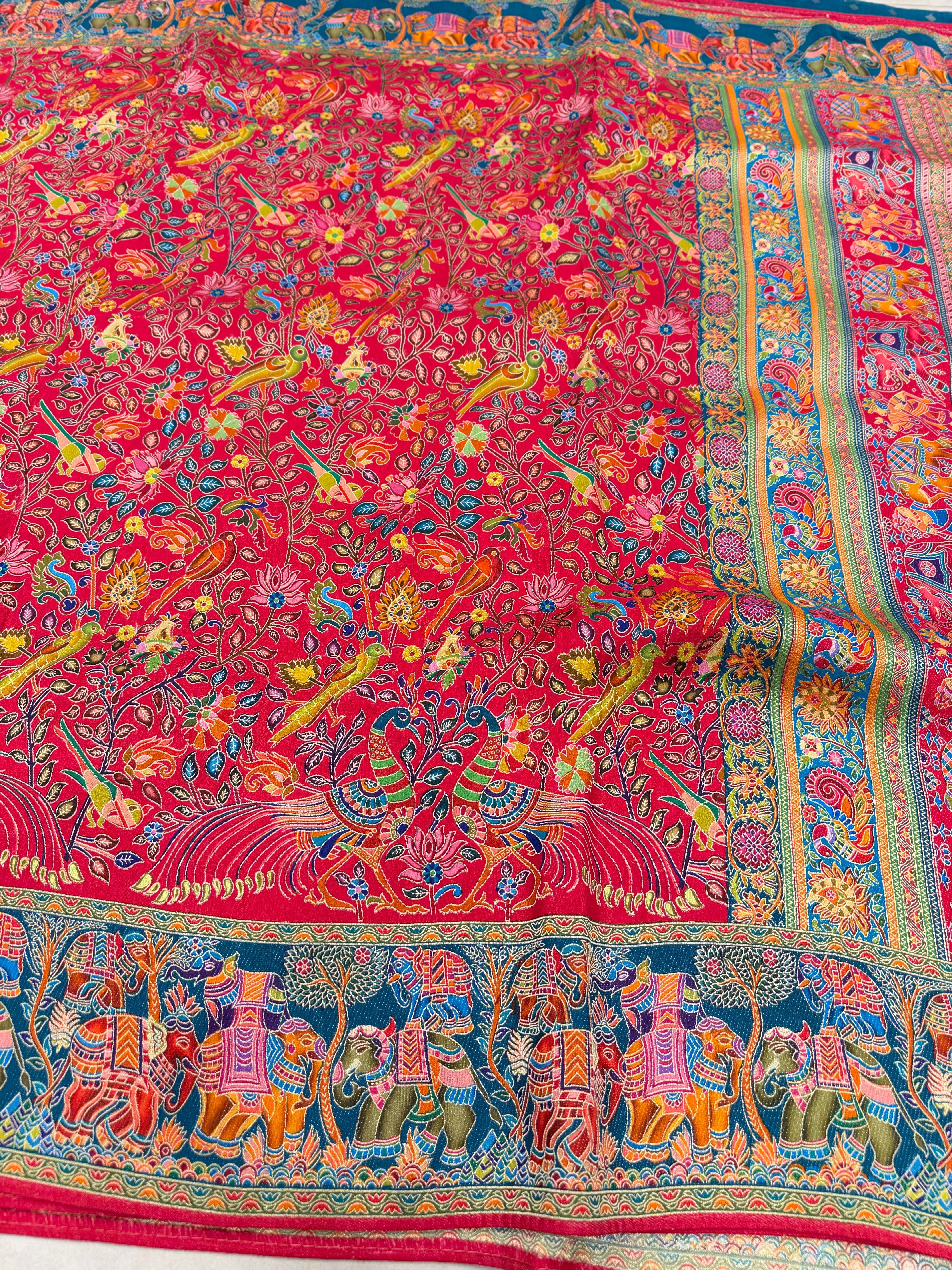 Red Blue Weaved Pashmina Style Multi Colour Saree