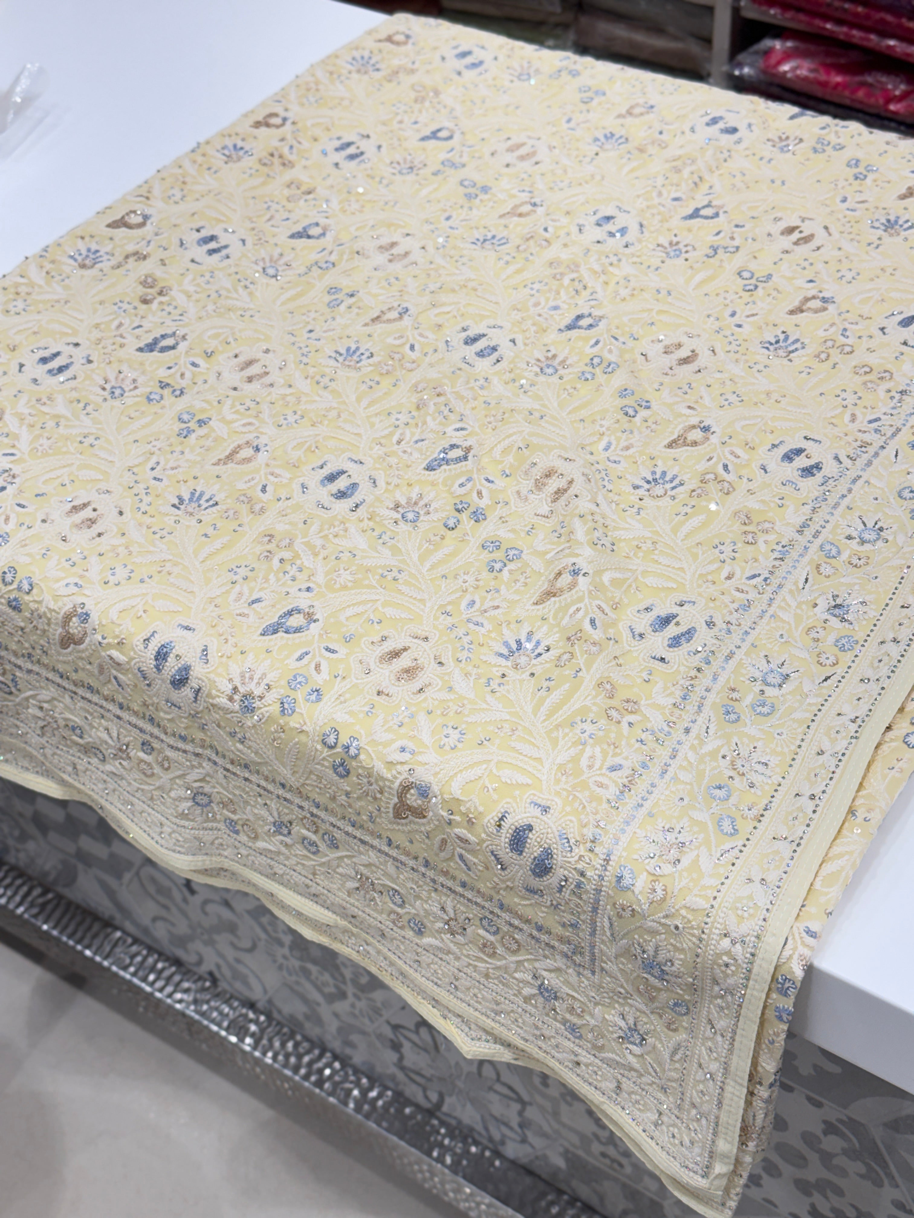 Yellow Chikankari Saree Floral Design