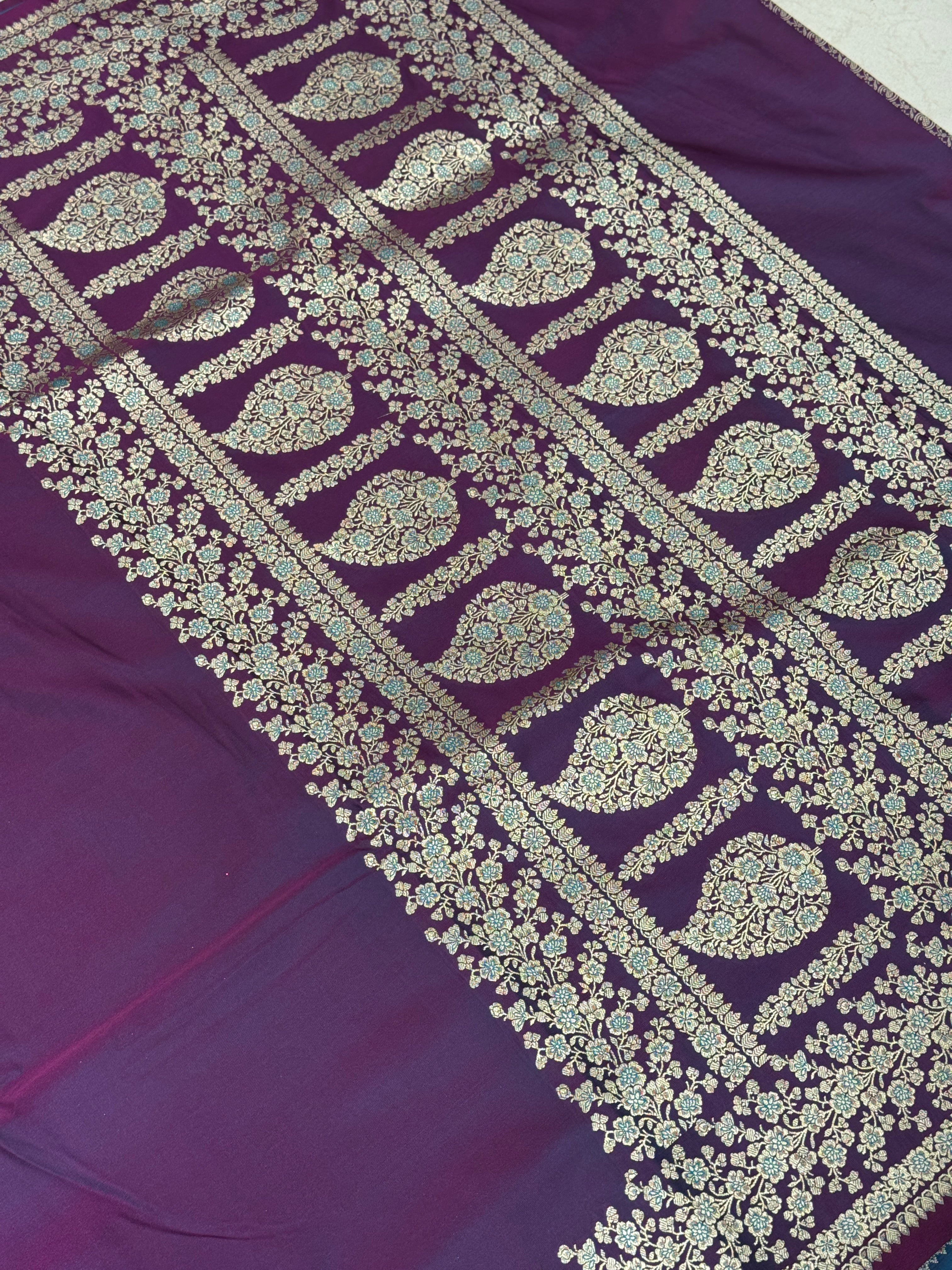 Wine Banarasi Silk Plain Floral Border Saree