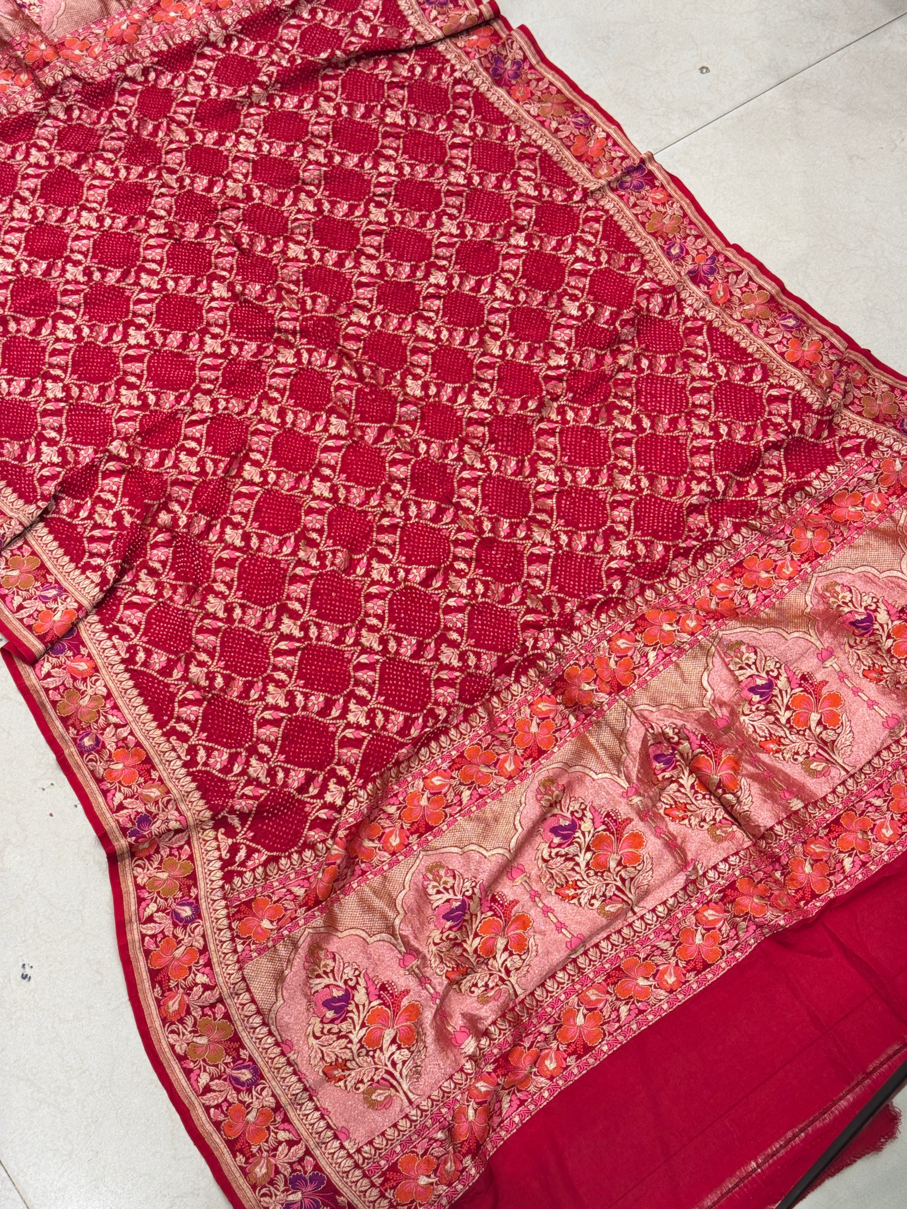 Red Meenakari Badam Jaal Rai Bandhej Georgette Dupatta